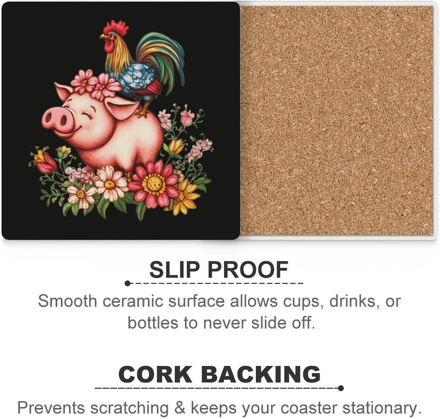 Rooster Pigs Flowers Coasters for Drinks Square Table Coasters Set Cup Mats with Cork Base
