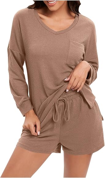 fartey 2 Piece Pajama Sets for Women Waffle Knit Short Sleeve Lounge Sets Soft Comfy Round Neck Top and Shorts Sleepwear