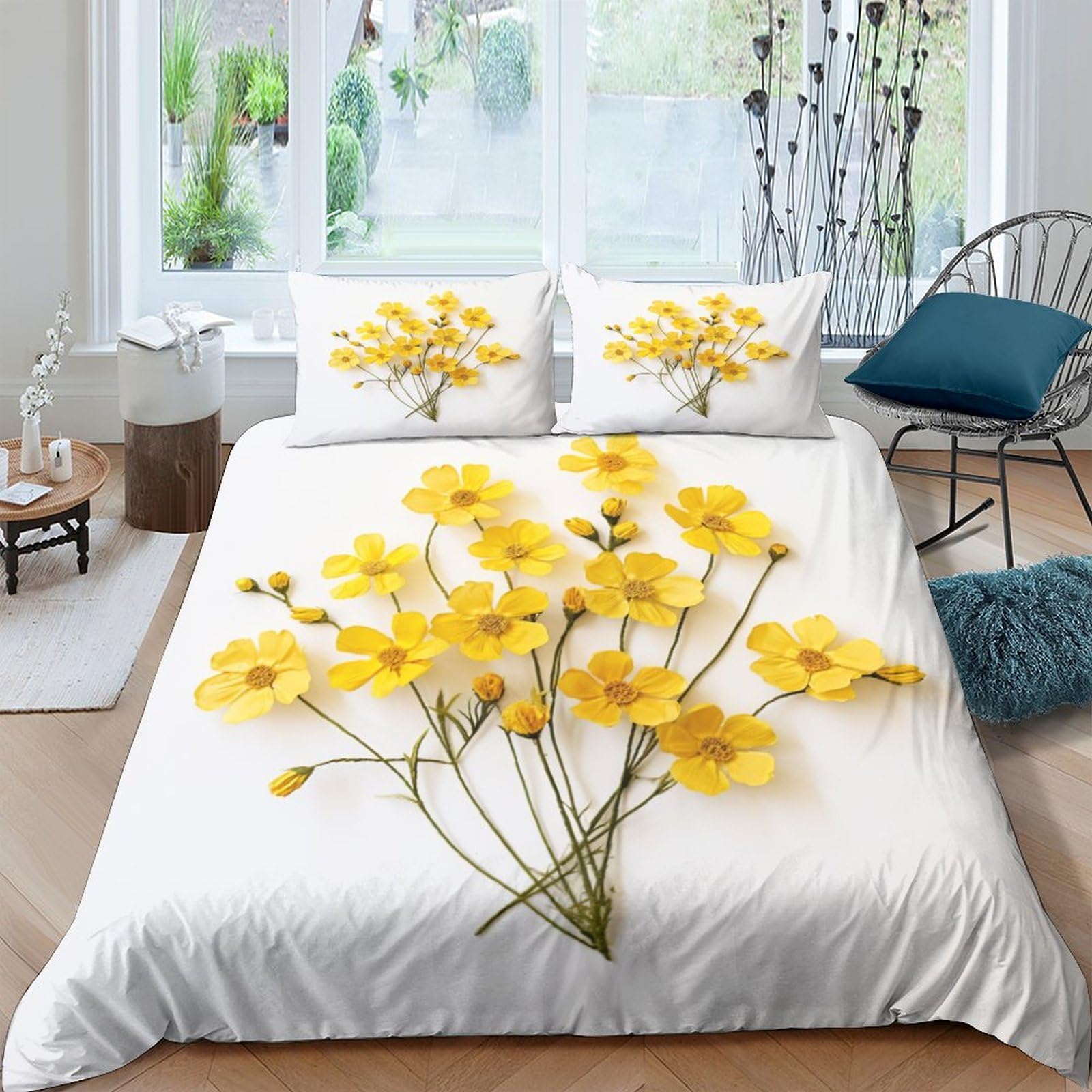 Housse de couette 220x240cm IOFEER avec fleurs jaunes et deux taies d'oreiller