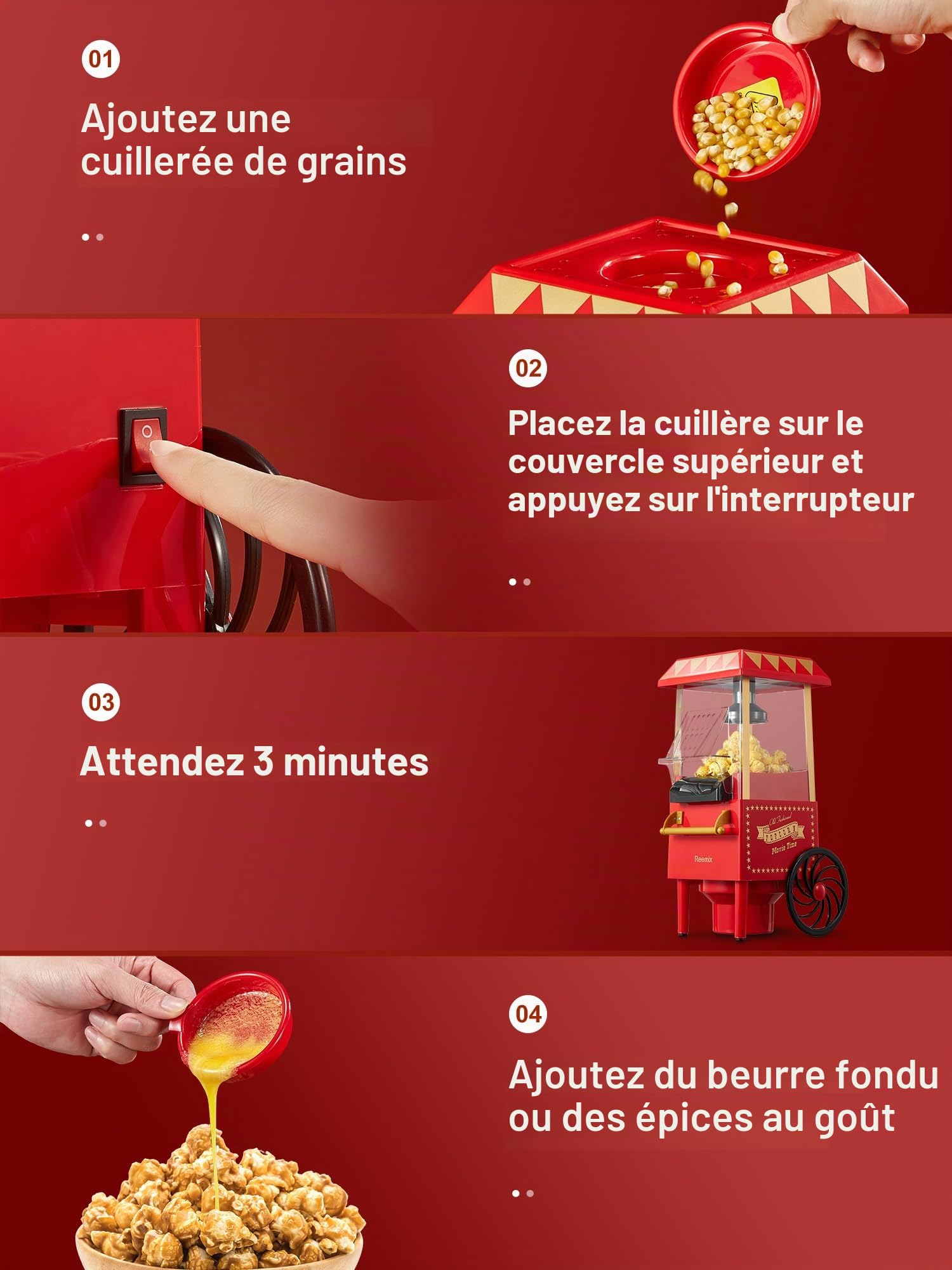 Machine à popcorn, Reemix 1200W Machine à popcorn électrique, Sans huile, Popcorn frais fait maison en moins de 3 minutes, Utilise de l'air chaud, Couvercle détachable, Fêtes, Soirées cinéma, Rouge