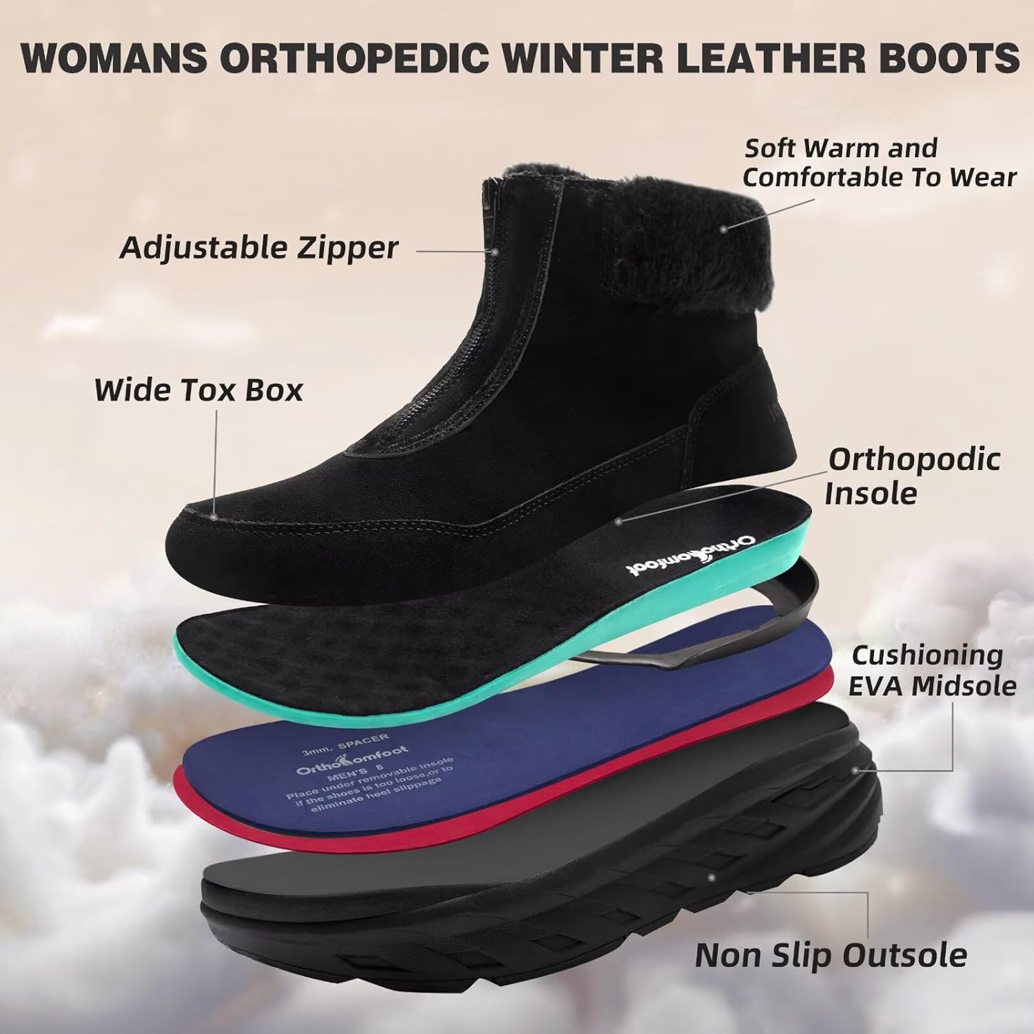 Women's Orthopedic Diabetic Wide Winter Ankle Boots: Comfortable Arch Support Plantar Fasciitis Warm Mid Snow Boots, Orthotic Casual Leather Dress Oxofrds Walking Shoes for Foot and Heel Pain - Image 7