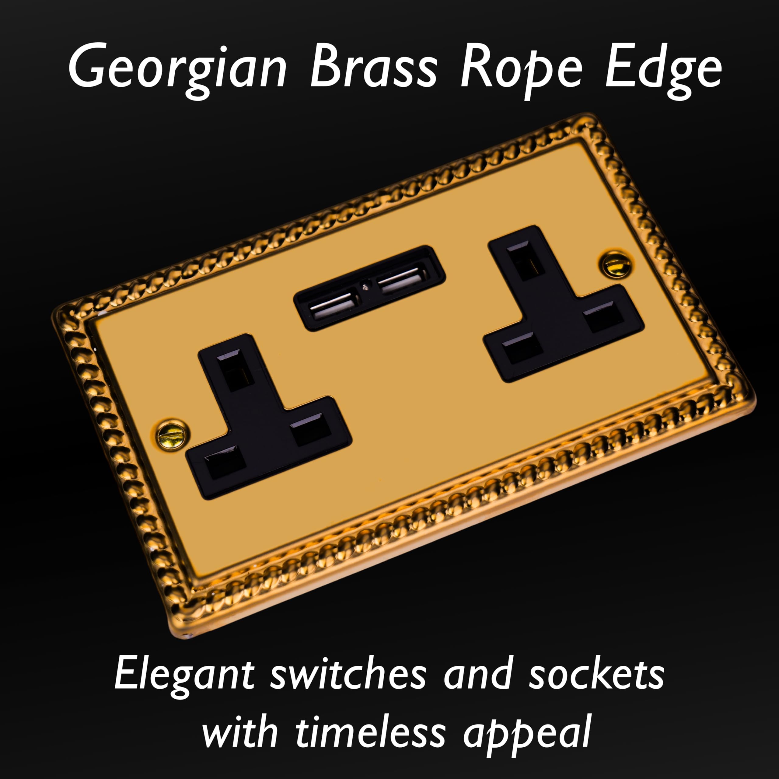 Varilight 2 Gang, 13 Amp Unswitched Socket with 2 Optimised USB Charging Ports, Black Insert. Classic Georgian Polished Brass Effect - Image 3