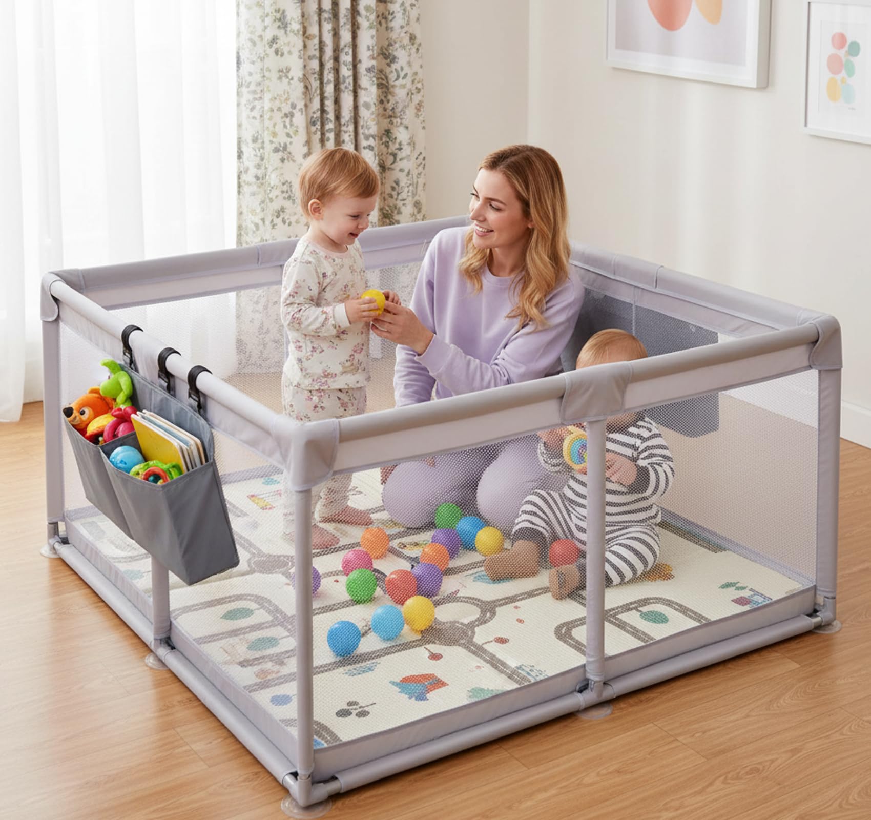 Laufstall Baby 120x120 cm mit Spielmatte und 2 Aufbewahrungstaschen,Laufgitter Baby mit Matratze,Baby Playpen aus 600D Oxford,Atmungsaktives Laufgitter,Sicherer Spielbereich für Babys und Kleinkinder