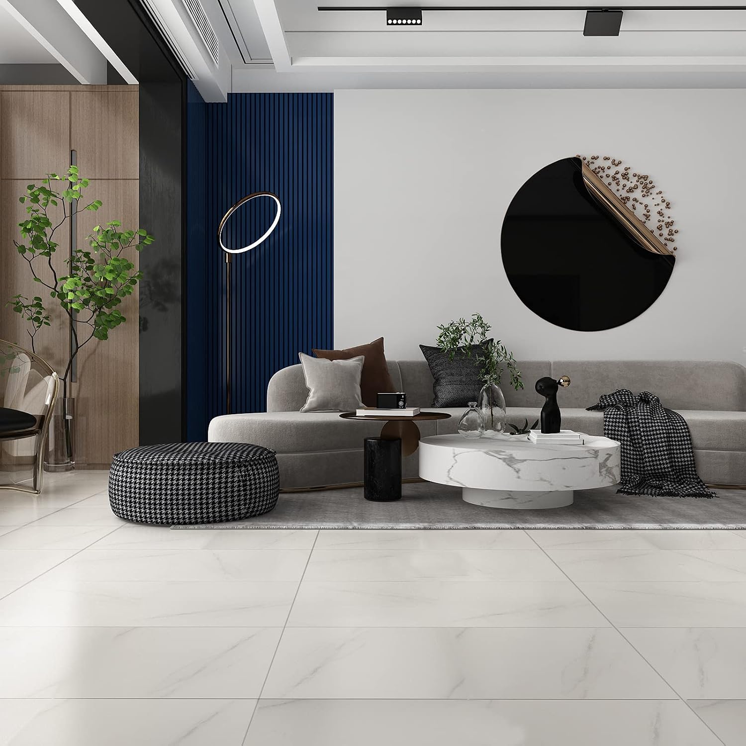 VEELIKE Peel and Stick Floor Tile 12"x24" Grey White Marble Waterproof Vinyl Flooring 24 Pack Self Adhesive Removable Vinyl Laminate Flooring Stick on Tiles for Bedroom Kitchen Bathroom Living Room
