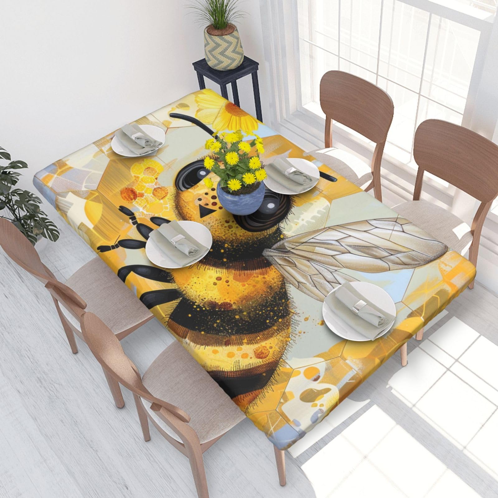 WPKJU Honey Bee Art Printed Tablecloths 4ft Rectangular Table Covers Washable Polyester Decorative Table Cloth for Dining Table Picnic Wedding