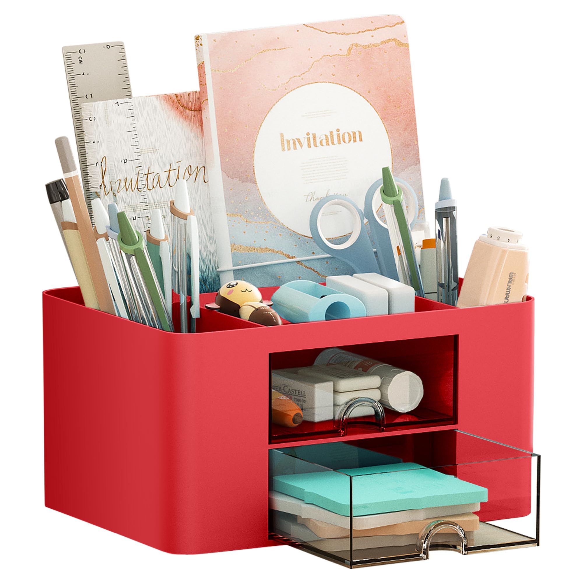 Marbrasse Pen Organizer with 2 Drawer, Multi-Functional Pencil Holder for Desk, Desk Organizers and Accessories with 5 Compartments + Drawer for Office Art Supplies (Red)