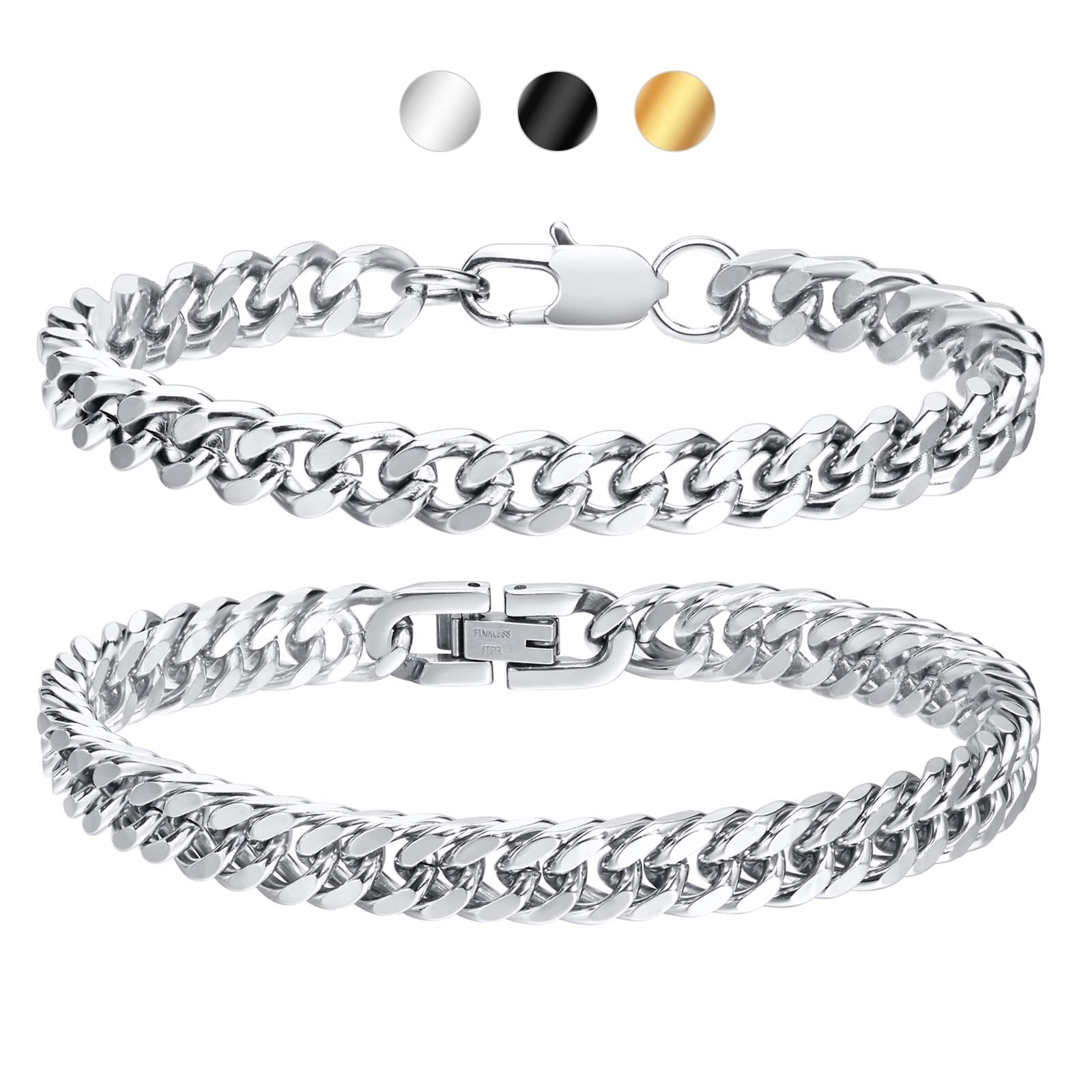 RWQIAN Cubaanse halsketting voor heren, 3 mm - 9 mm, roestvrij staal, zilver/goud/zwart, 45 cm-65 cm, hiphop, dikke sieraden, cadeau voor dames en heren, Roestvrij staal