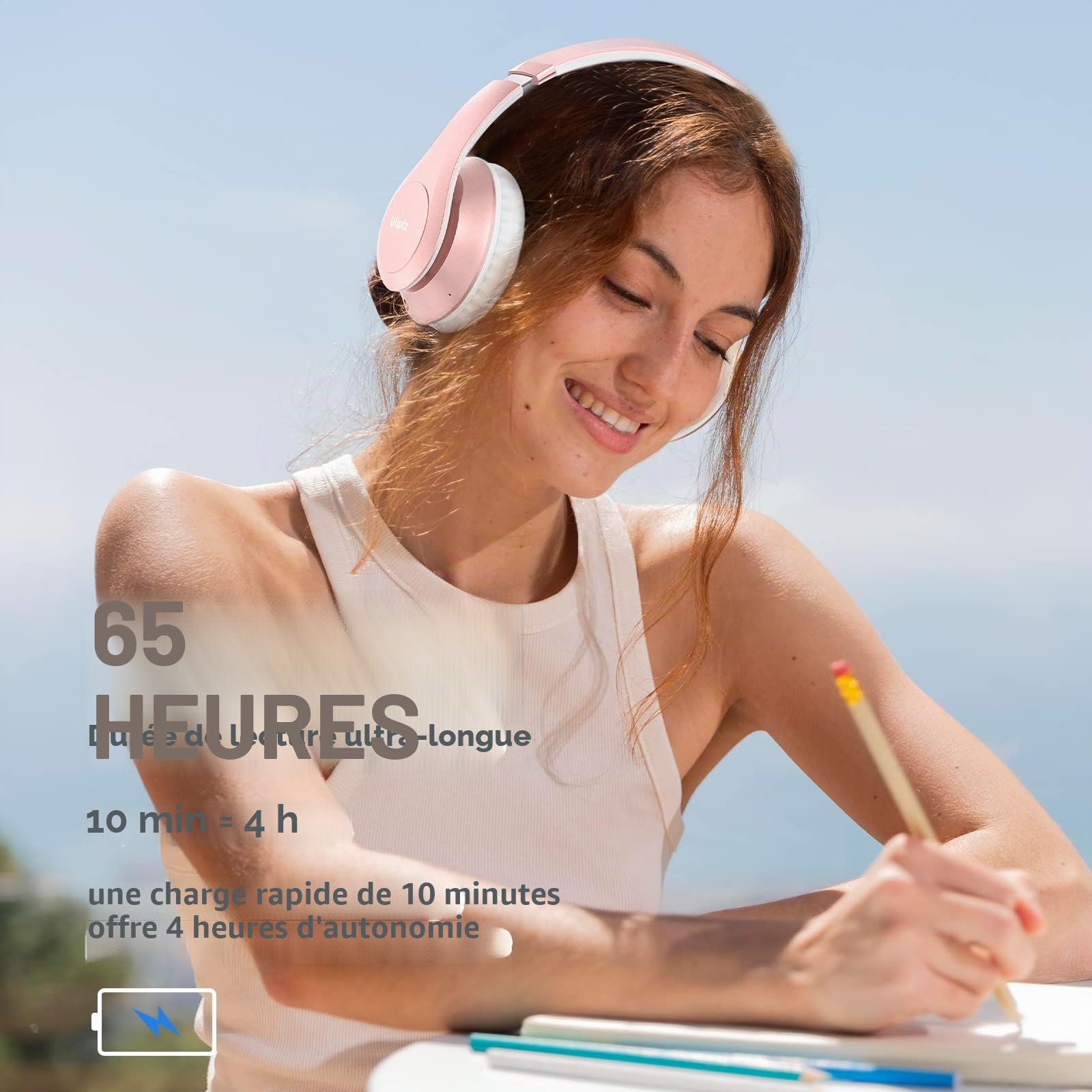 Uliptz Casque Bluetooth sans Fil, 65 Heures de Lecture Casque sans Fil Bluetooth avec Micro 6 Modes EQ, Casque Audio Bluetooth 5.3 Pliable pour Voyage/Bureau/PC (Or Rose)