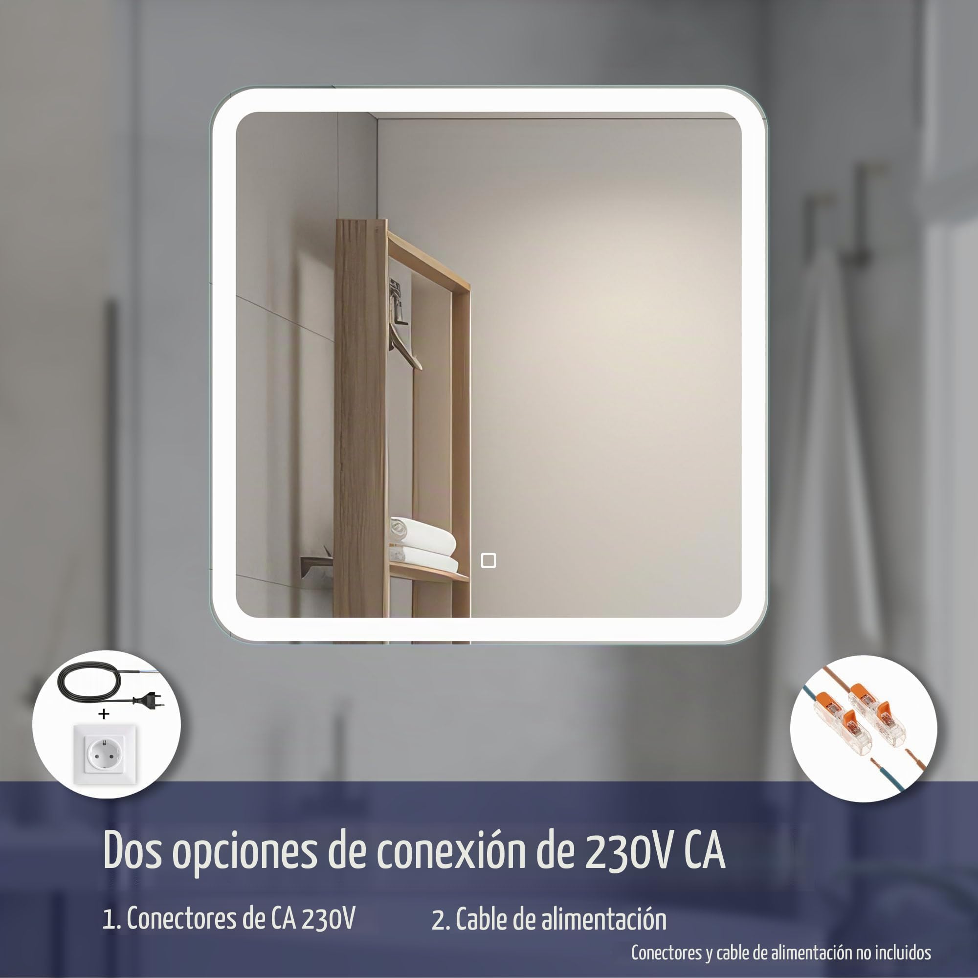 60x60 cm Espejo de Baño Cuadrado con Luces LED Espejo de Baño Iluminado Espejo de Tocador Esquinas Redondeadas Cuadrado con Luz LED Frontal en Blanco Natural