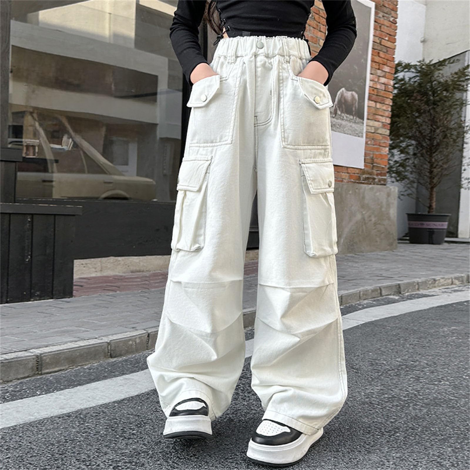 Pantalones deportivos holgados de pierna ancha Y2K para niñas, pantalones deportivos casuales con bolsillos, cintura alta elástica, pierna recta, pantalones personalizados