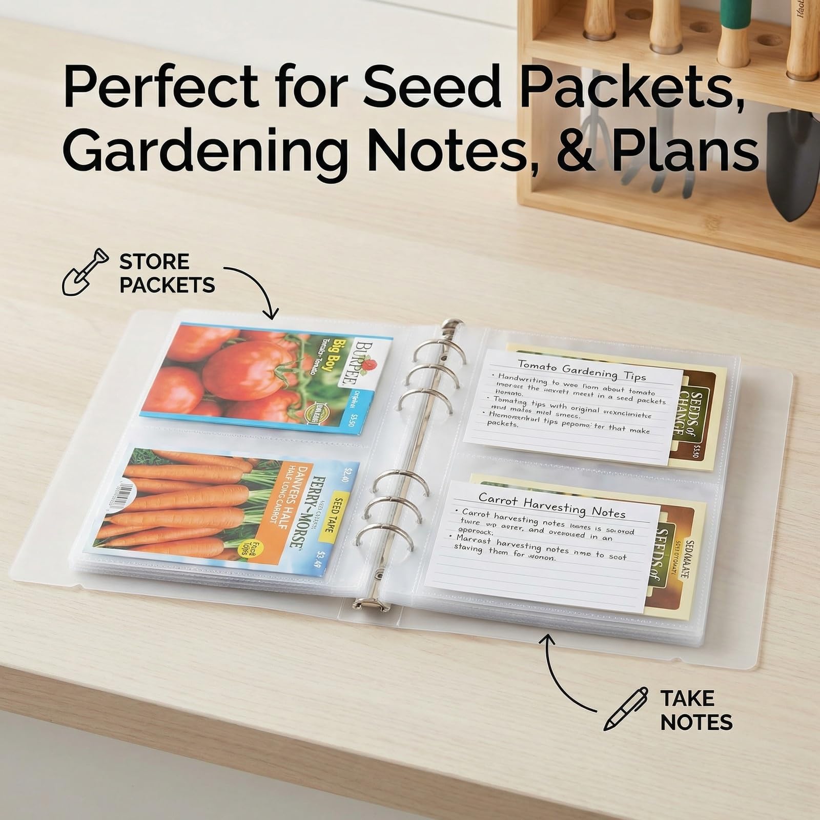 Carpeta organizadora de semillas con fundas de carga lateral, soporte transparente para libros de almacenamiento y almacenamiento de paquetes de plantas para guardar tu catálogo de jardín