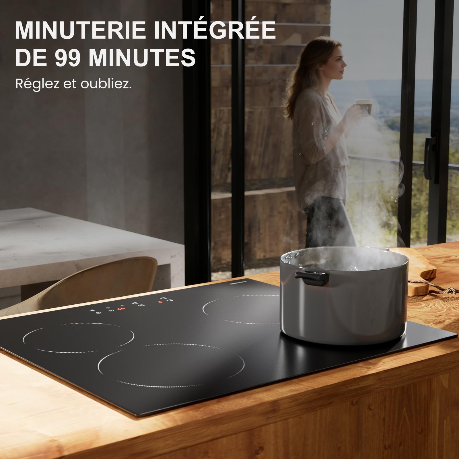 Plaque Vitrocéramique 4 Feux Encastrable 60cm – Plaque de Cuisson Electrique 6000W, Verre Vitrocéramique Antiusure et Garantie 2 Ans, Commande Tactile, Minuteur, Compatible Tous Poêlons