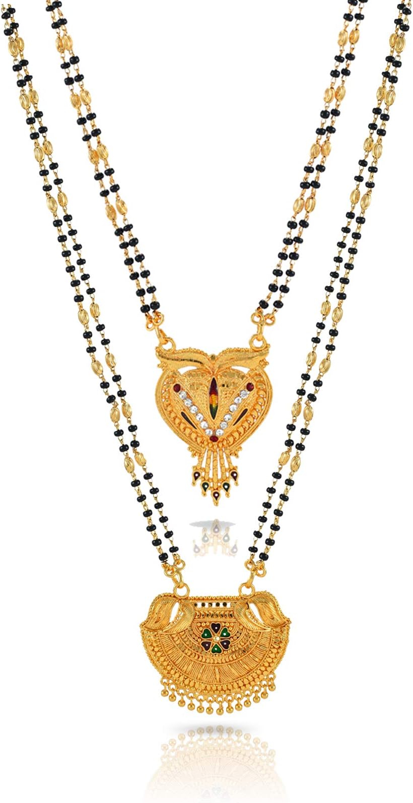 Yellow ChimesCombo of 2 Pcs Ethnic Traditional One Gram Gold Glorious Hand Meena Maharashtrian Style Long Chain Black Beads Mangal sutra Tali/Tanmaniya/Nallapusalu/Mangalsutra for Women
