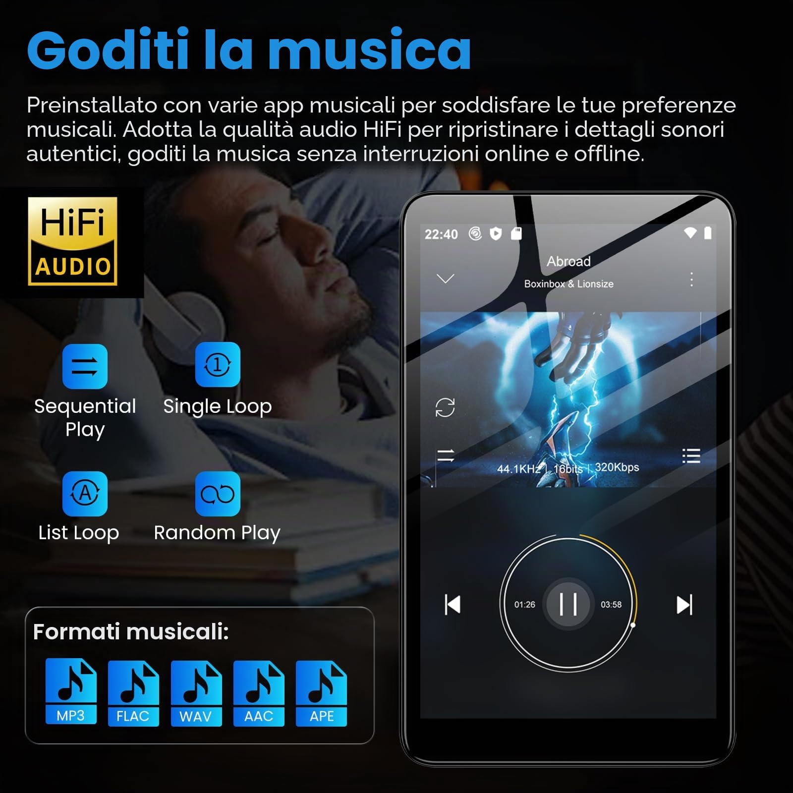 Diofox Lettore MP3 con Bluetooth e WiFi, sistema operativo Android 13, 3+32GB di memoria, lettore MP3 MP4 con touchscreen da 4,02 pollici, Spotify, Amazon Music, Deezer, Play Store, fino a 512GB-Nero