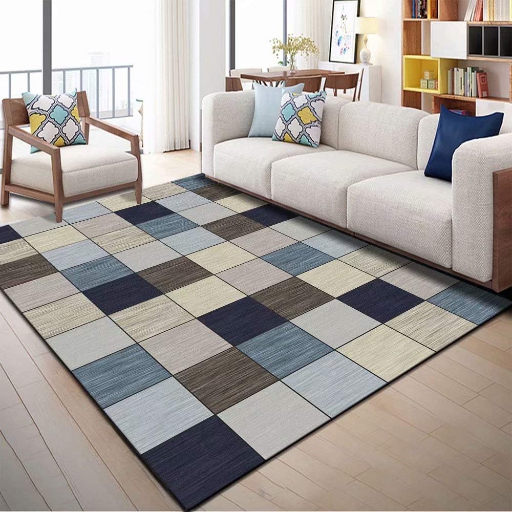 Amusingtao Modern Area Rug Living Room Bedroom Non-Slip Floor Carpet Geometrical Blue|160x230cm 5'4"x7'8",grid