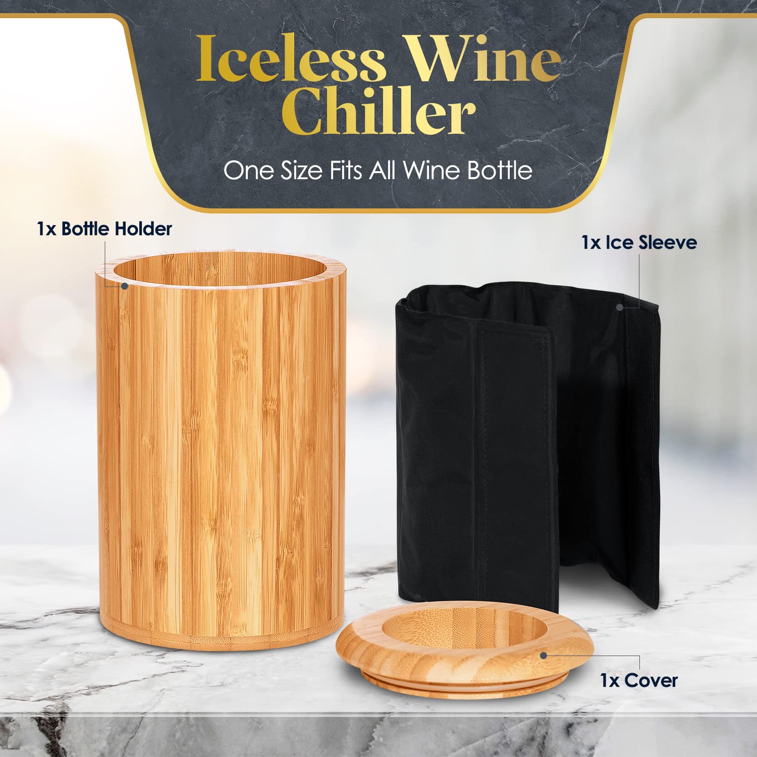 Homeries Wine chiller with Sleeve for Beverage and Liquor Bottles - Natural Bamboo Wood Iceless Wine Cooler with Push-Lock Gasket & Insulator Sleeve for Serving at Events & Gatherings (Bamboo)