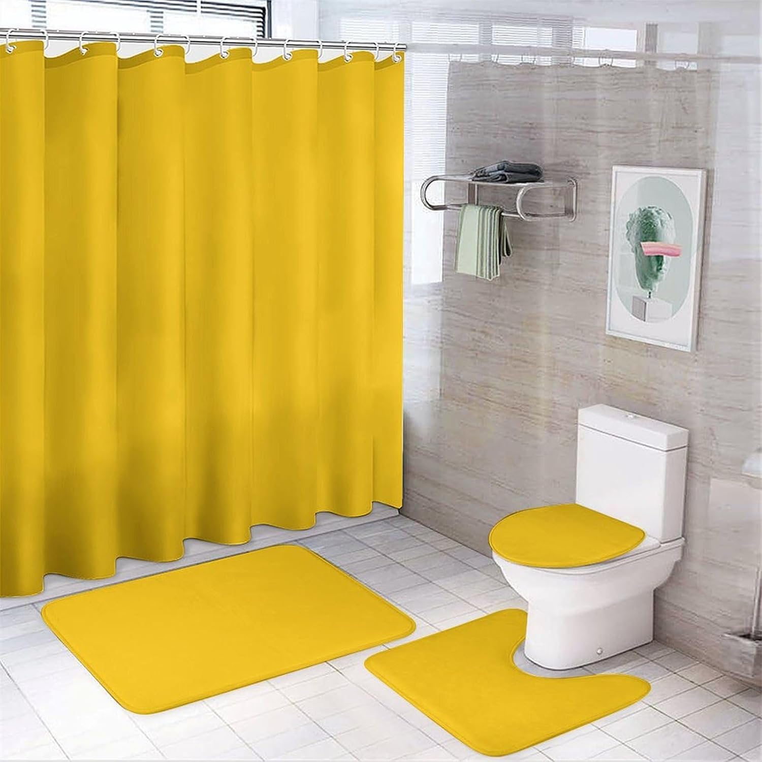 4 Piece Bathroom Rug Set with Shower Curtain, Non-Slip Bath Mat Toilet Cover Set, Milk Duck Yellow Bathroom Rug Sets