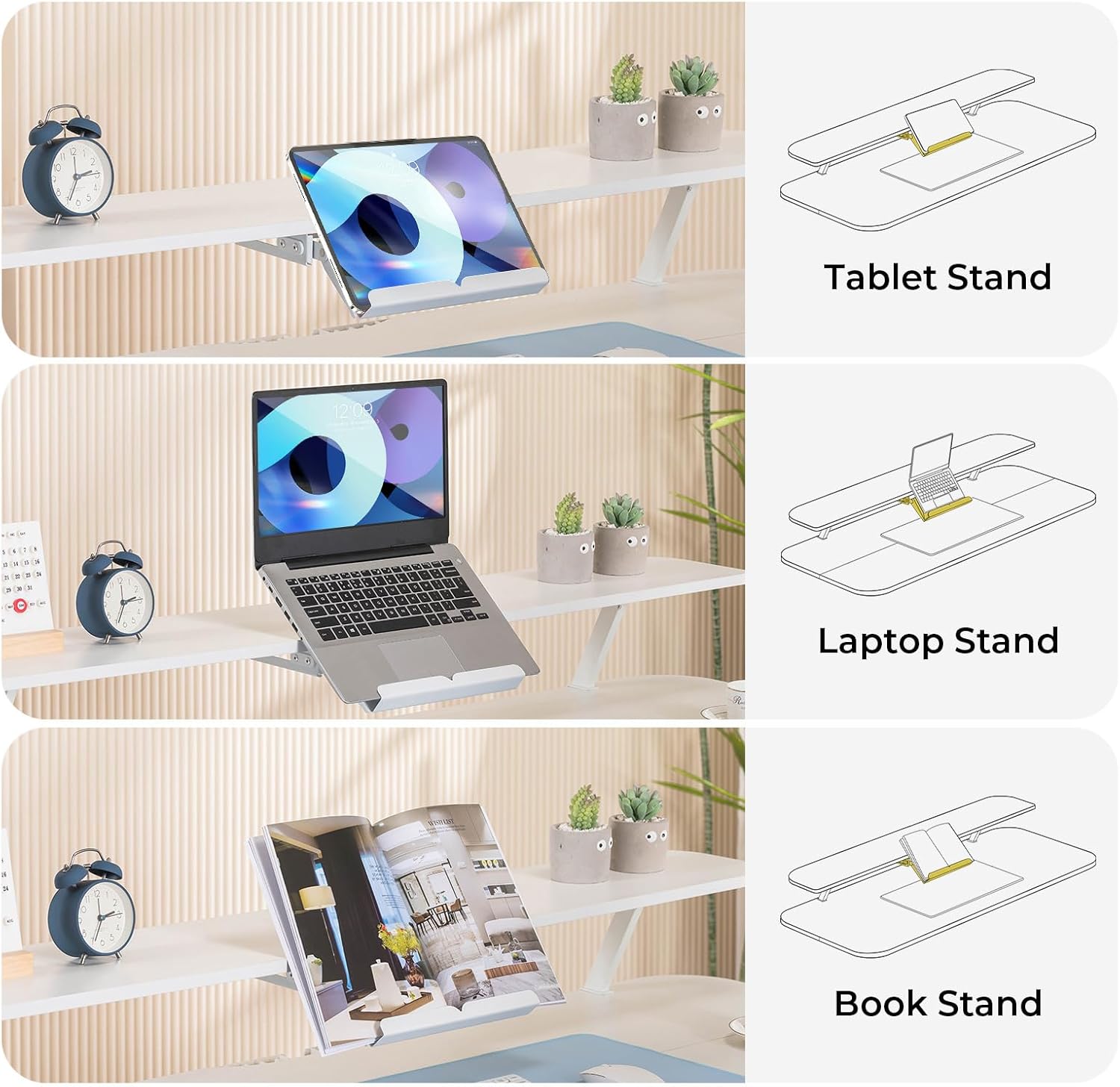 Illustrations of the integrated stand holding a tablet, laptop, and book