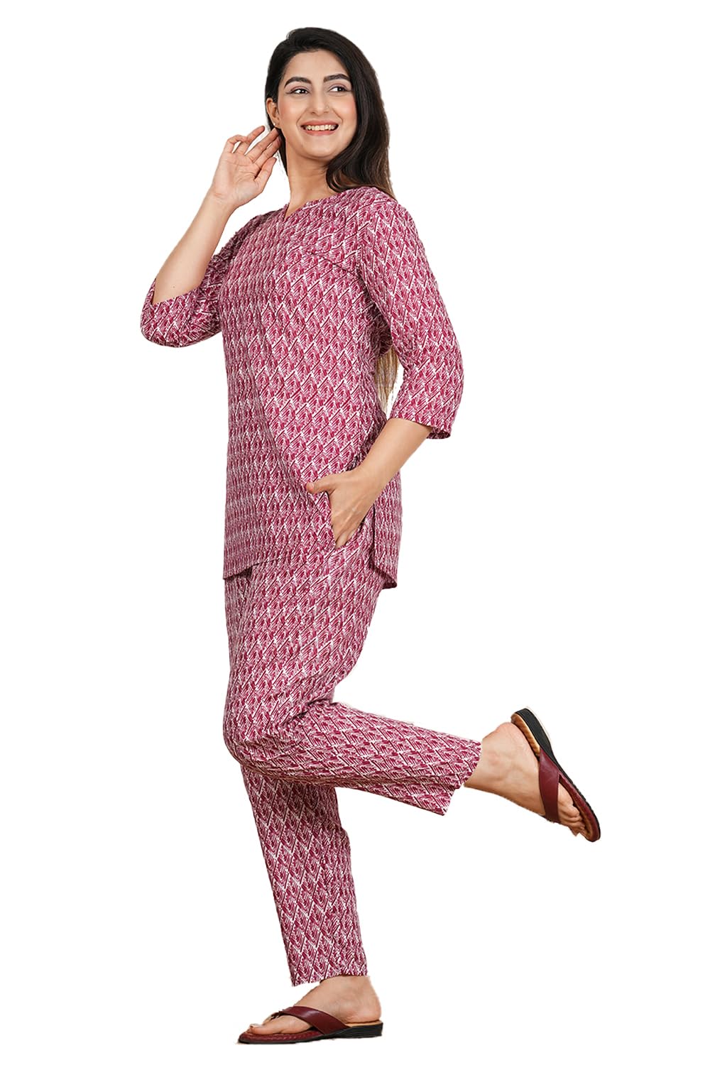 Women's Cotton Arica Printed 3/4 Sleeve Top and Pajama Pants Regular Fit Night Suit Top and Pyjama Set Ladies Night Dress, Brown-image-22