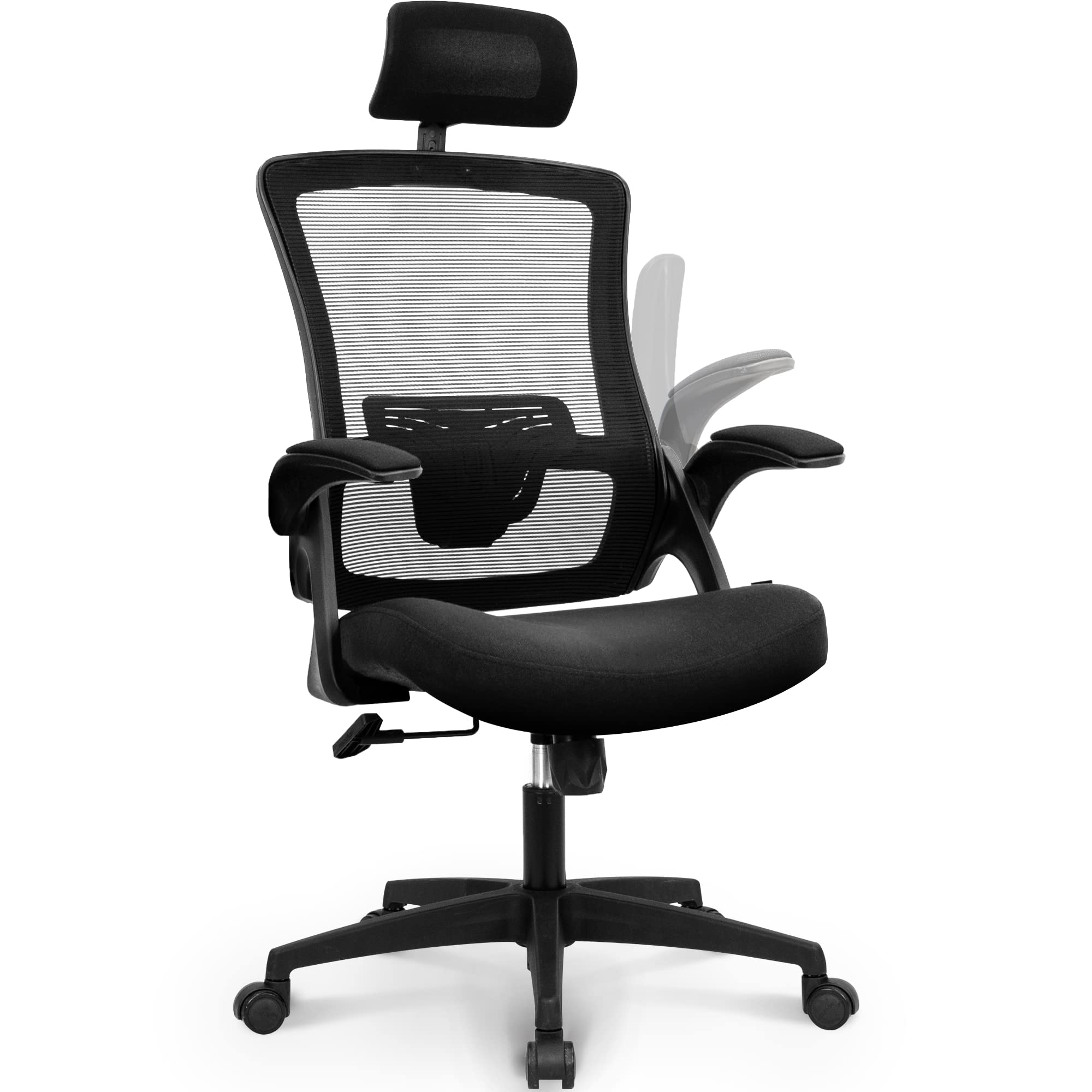 NEO CHAIR Office High Back Mesh Headrest Adjustable Height and Ergonomic Design Home Office Computer Desk Executive Lumbar Support Padded Flip-up Armrest Swivel Chair (Black)