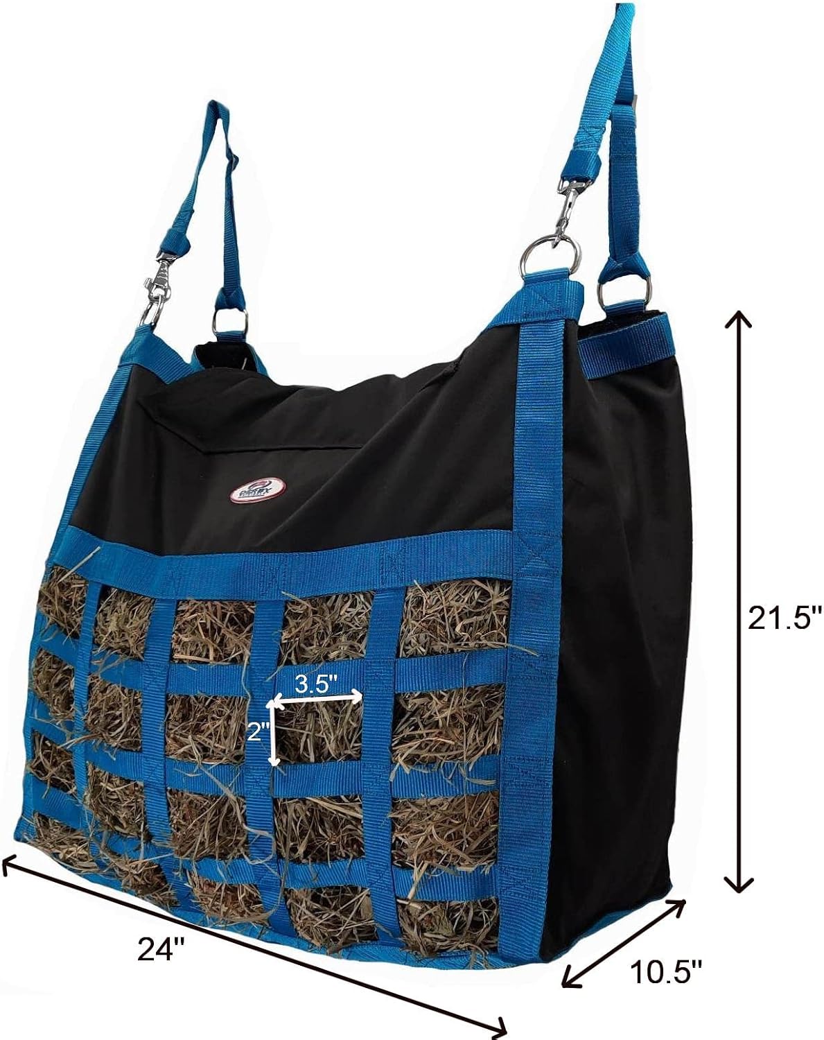 Supreme Slow Feed Top Load Hay Bag with Super Tough Bottom with 2" x3.5” Rectangular Openings and 6 Month Warranty (Turquoise & Black)