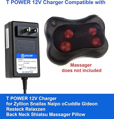 Miniatura 6 de T POWER Cargador de 12 V para Zyllion para Snailax Naipo oCuddle Gideon Resteck Relaxzen Back Neck Shiatsu masajeador almohada ZMA-25, ZMA-19,