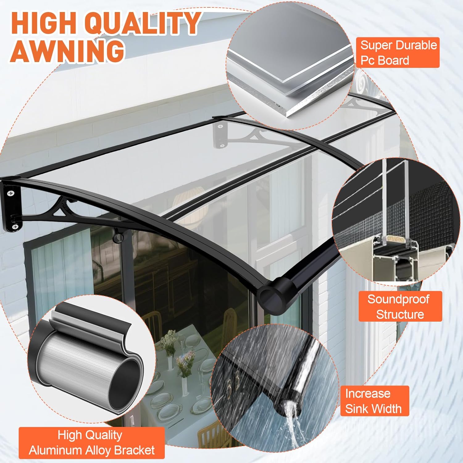 Window Awning Door Canopy,Door Awning with Built-in Drainage System - Uv/Rain/Snow Resistant Design - Rugged Outdoor Awning for House Porches, Patios and Decks 60x240cm/24x95in