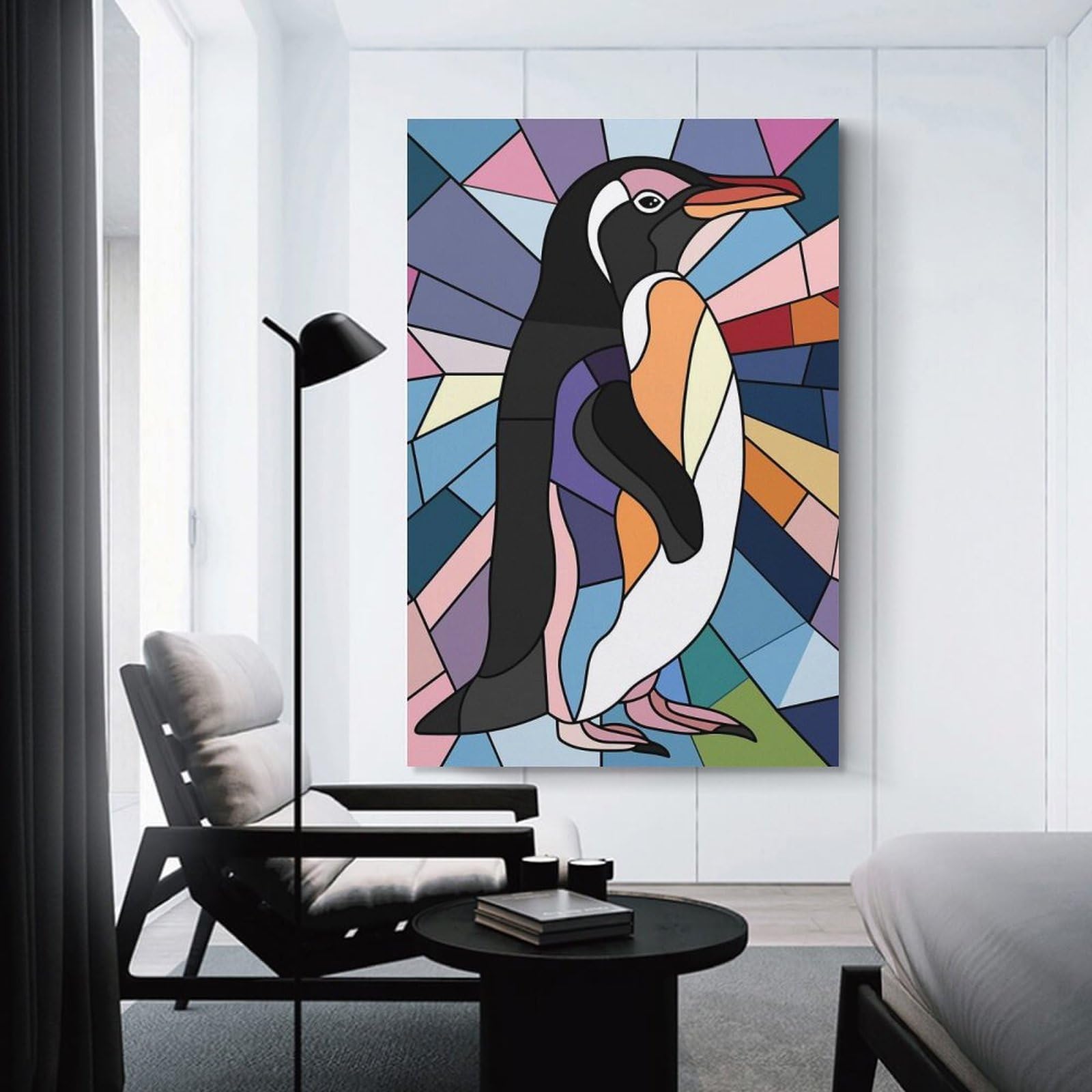 Junmoney Stained Glass Penguins Home Decor Wall Art 24x36inch(60x90cm), for Art Walls, Layered Displays Or Homes, A Versatile Canvas Print for Layering
