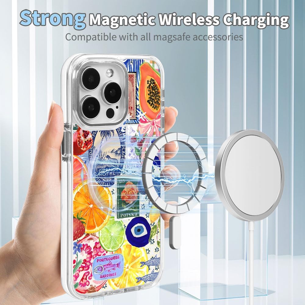 Cases for iPhone 16 Pro Max,Compatible with MagSafe,Classic Clear Shockproof Protection Magnetic Phone Case - Bow European Summer Lemon Collage - Image 5