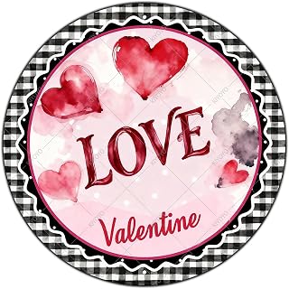 Love Valentine Round Sign Happy Valentine's Day Buffalo Check Sign Hearts Wreath Metal Plaque for Home Garden Kitchen Bar Cafe Garage Retro Wall Art 8x8 Inch