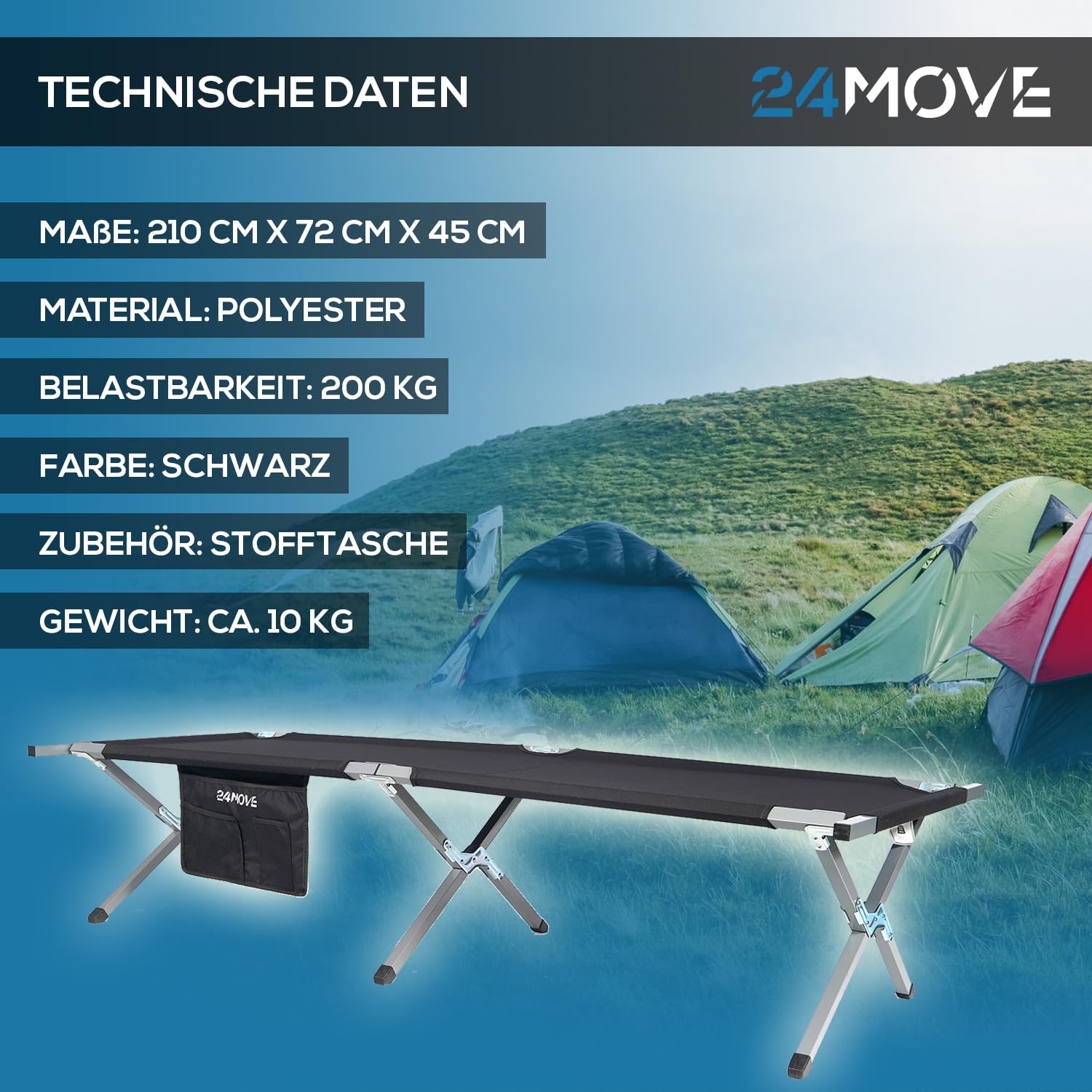 24MOVE® Feldbett Campingbett bis 200 kg In-und Outdoor Camping faltbar, 210 x 72 x 45cm, tragbar mit Tasche, für Garten oder Reisen