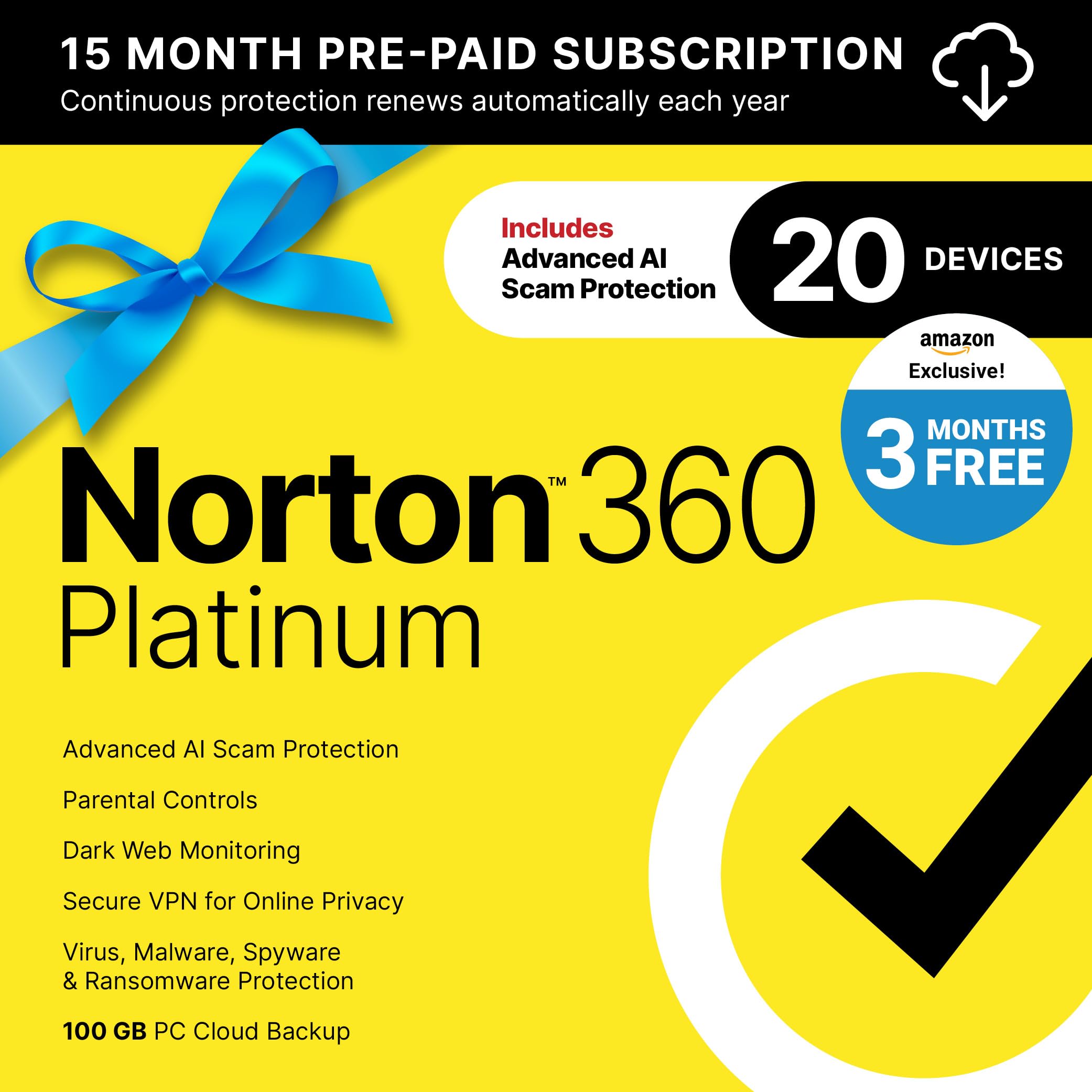 Norton 360 Platinum, Antivirus software for 20 Devices with Auto-Renewal – 3 Months FREE - Includes Advanced AI Scam Protection, VPN, Dark Web Monitoring & PC Cloud Backup [Download]