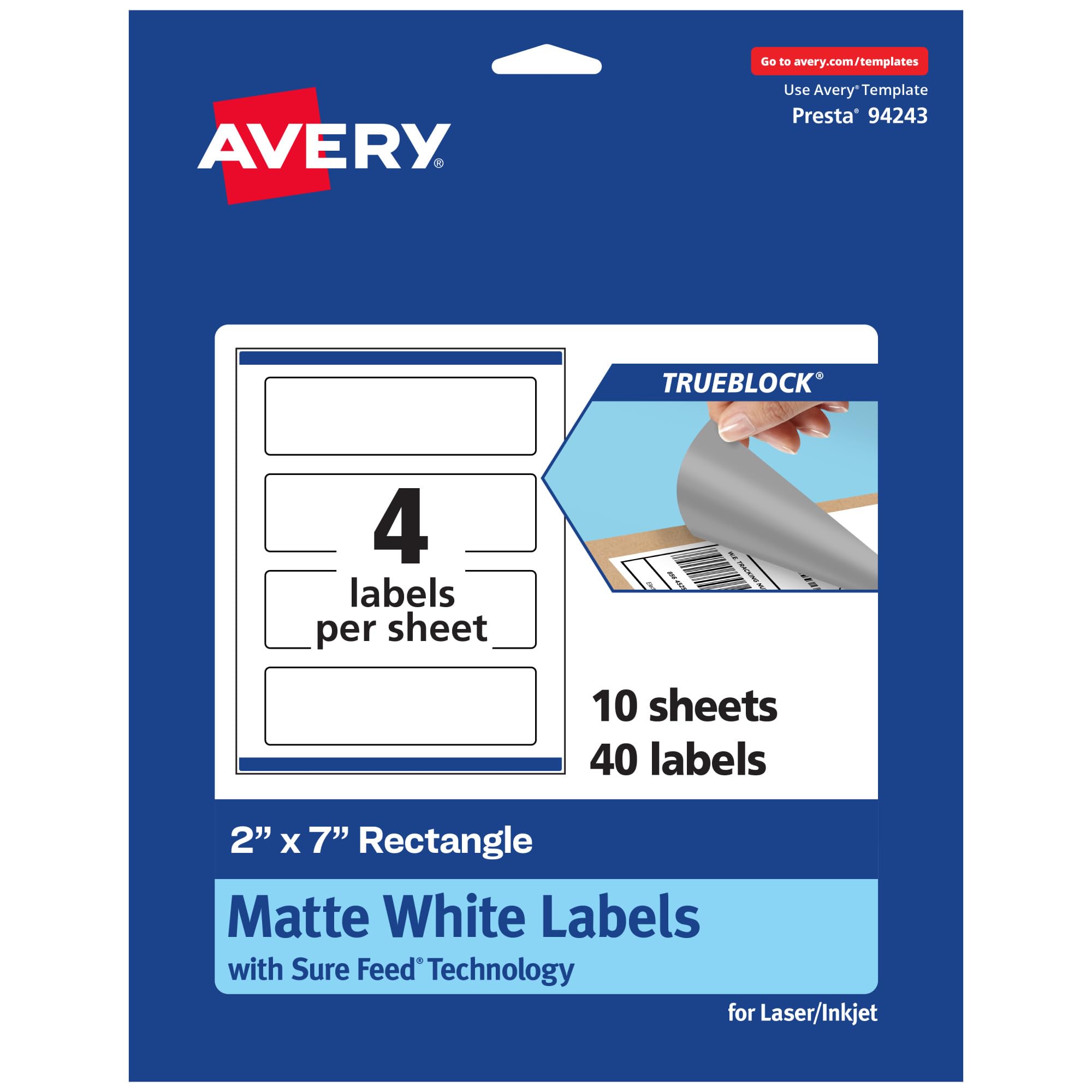 Avery TrueBlock Matte White Rectangle Labels, Sure Feed Technology, 2" x 7", 40 Matte White Labels, Print-to-The-Edge, Laser/Inkjet Printable, Great