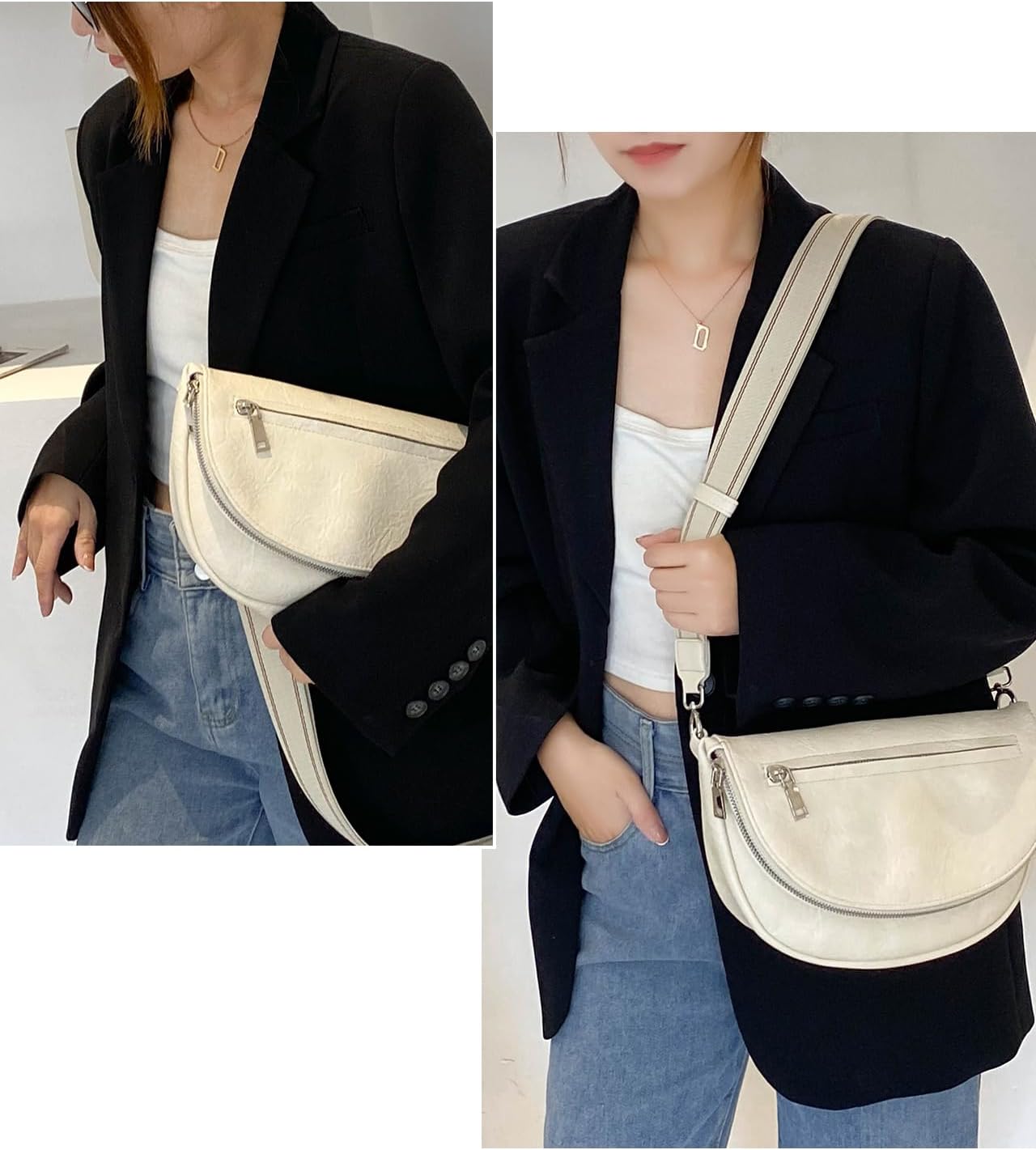 Crescent Bag for Women and Men, Fashion Medium PU Leather Folding Crescent Moon Bag Single Shoulder Bag with Adjustable Strap (Z-PU-Beige) - Image 2