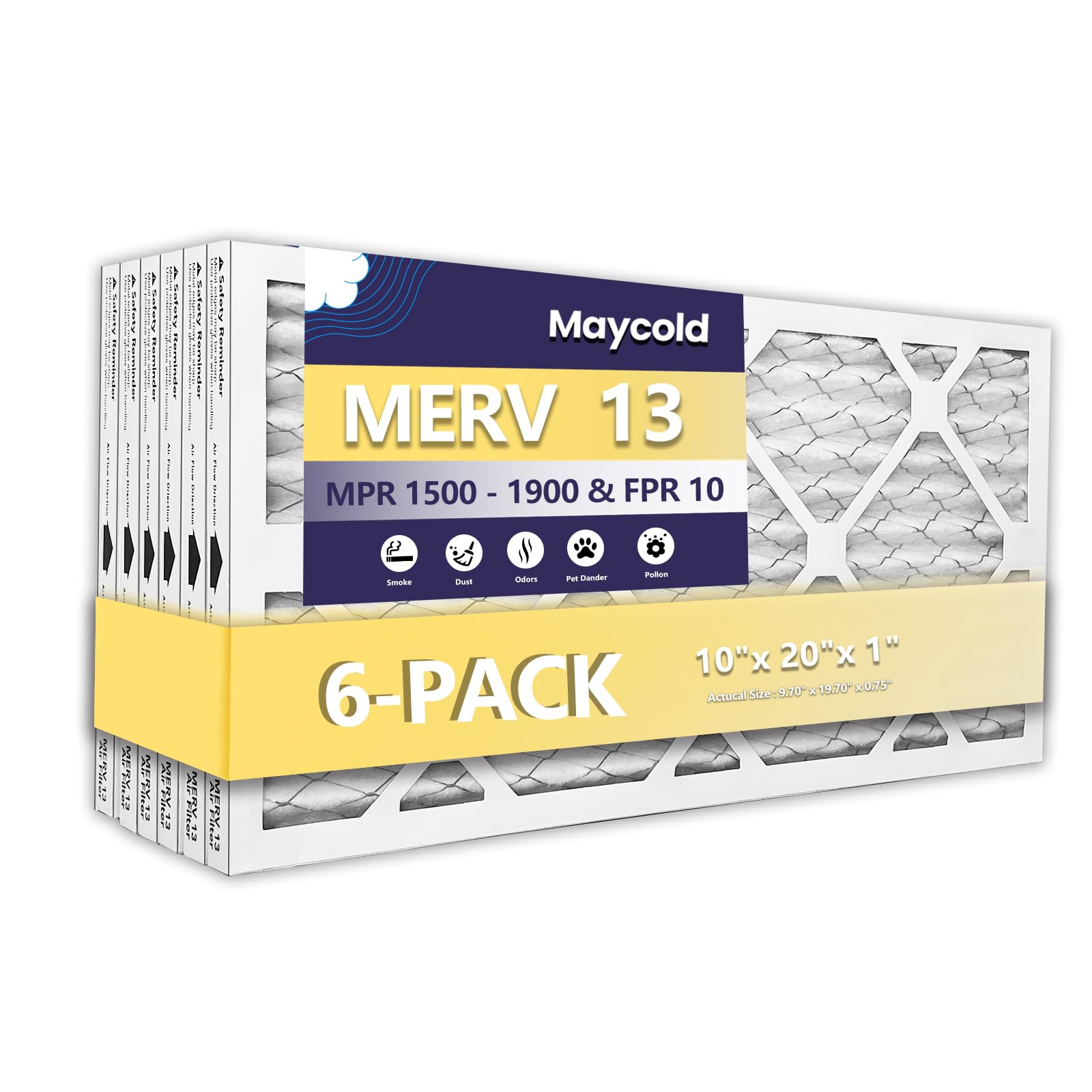 Maycold MERV 13 10x20x1 Air Filter (6-Pack), High-Efficiency Pleated AC & Furnace Filters, Actual Size: 9.70” x 19.50” x 0.75”, Individually Wrapped in Plastic