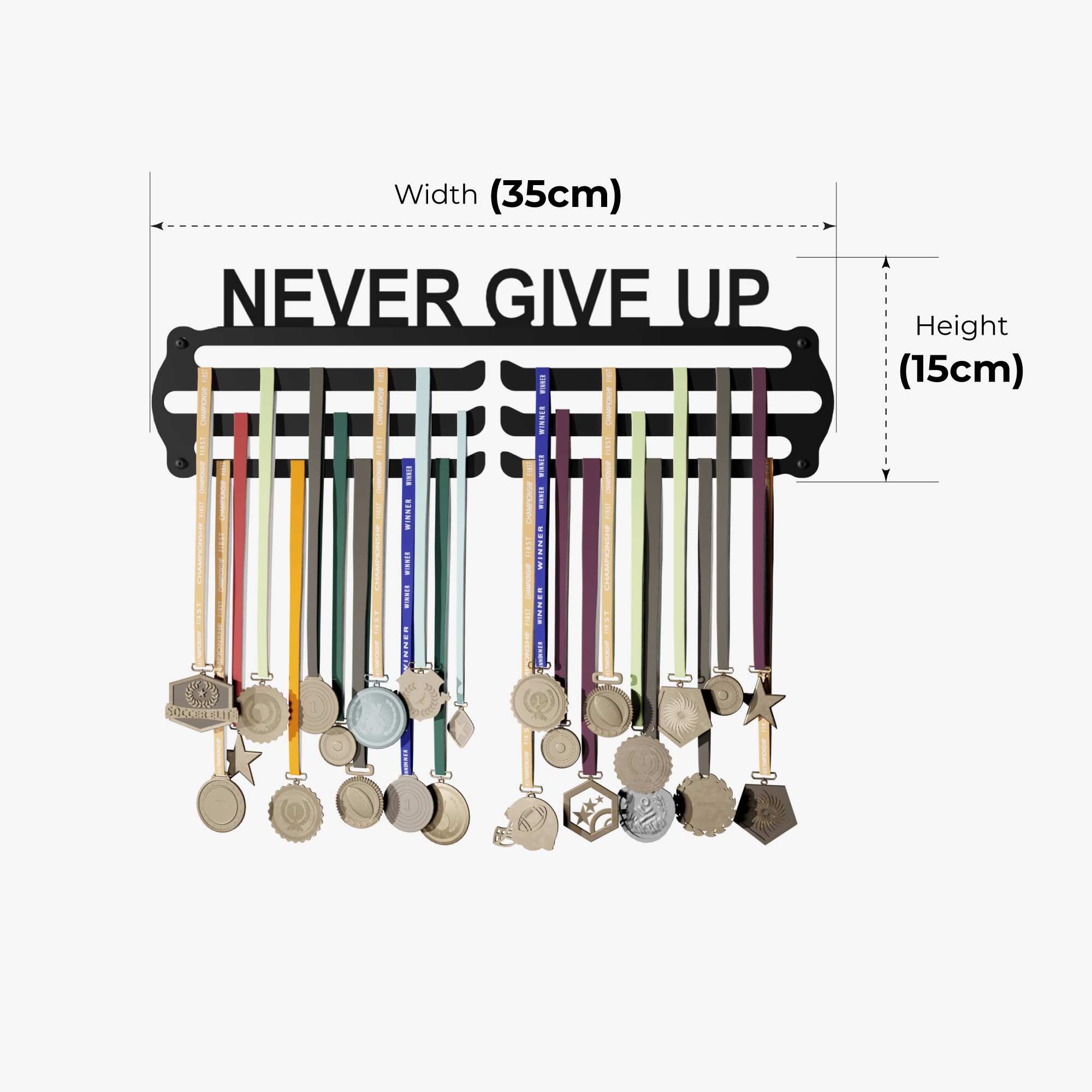 Glory Medal Hangers - Never Give Up Medal Holder - Metal Wall Display - Holds Up to 60 Medals - Black, Glossy Finish - Perfect for Kids and Athletes 1