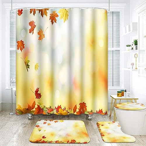 ArtSocket Juego de baño de hojas de otoño con cortina de ducha y accesorios de alfombras, juego de cortina de ducha naranja arce volador, cortina de