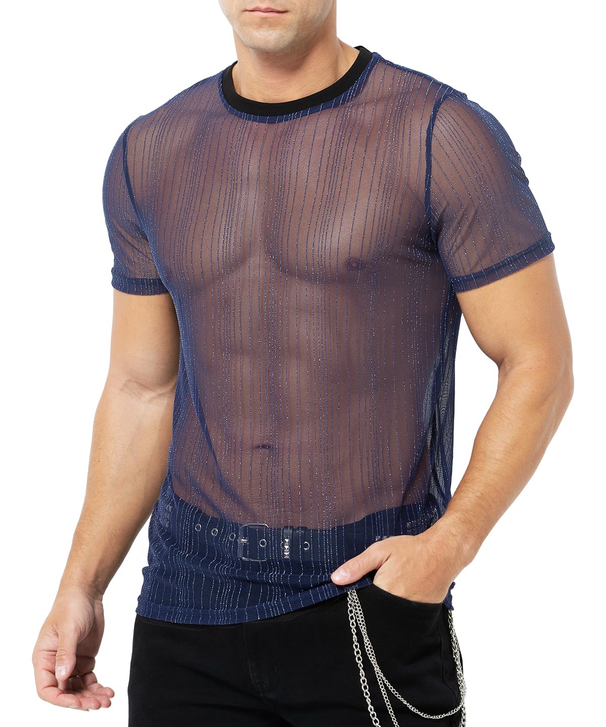 Casey Kevin Camiseta Transparente Hombre Camisa Fiesta Lentejuelas Negra Brillo Manga Corta Rejilla Brillante Rock Ropa Punk Muscle T-Shirt Discoteca Club Nocturno Jazz Hip Hop Dance Clubwear