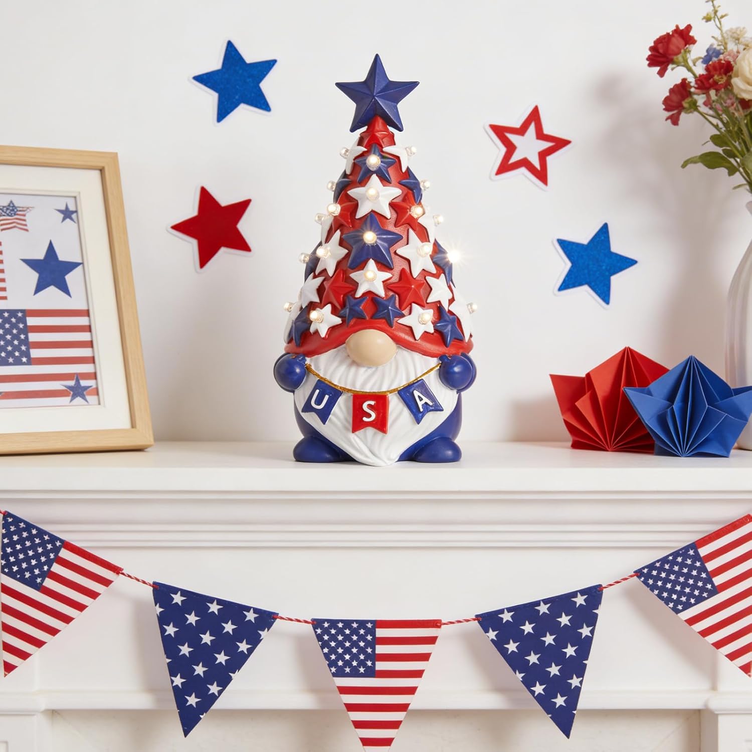 DN DECONATION 4th of July & Memorial Day Decorations with Lights, Patriotic Gnome Decor Lighted Red Blue Independence Day Tabletop Decor USA Resin Gnome with Stars Gifts for Table Tiered Tray