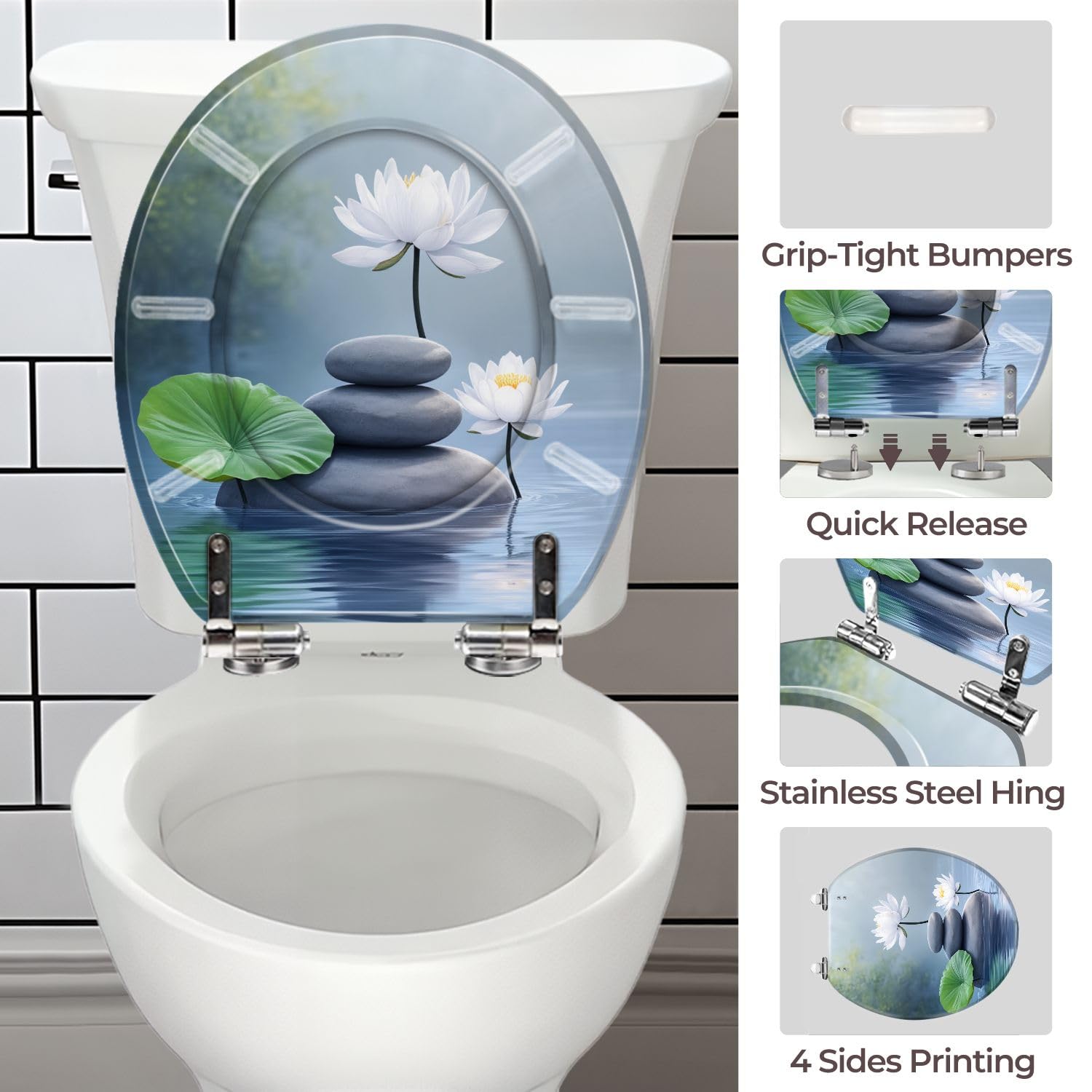 Asiento de inodoro redondo de resina blanca con bisagras de cierre suave para baño.