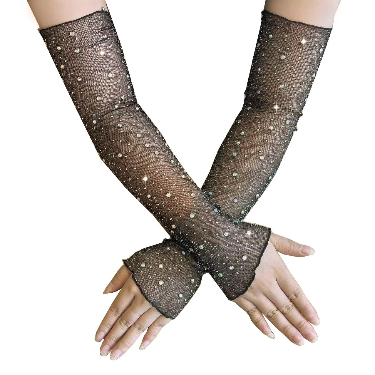 Wambere Fishnet Gloves, Rhinestone Mesh, Black, One Size, Acetate, Halloween Accessories, APPAREL_GLOVES - Image 3