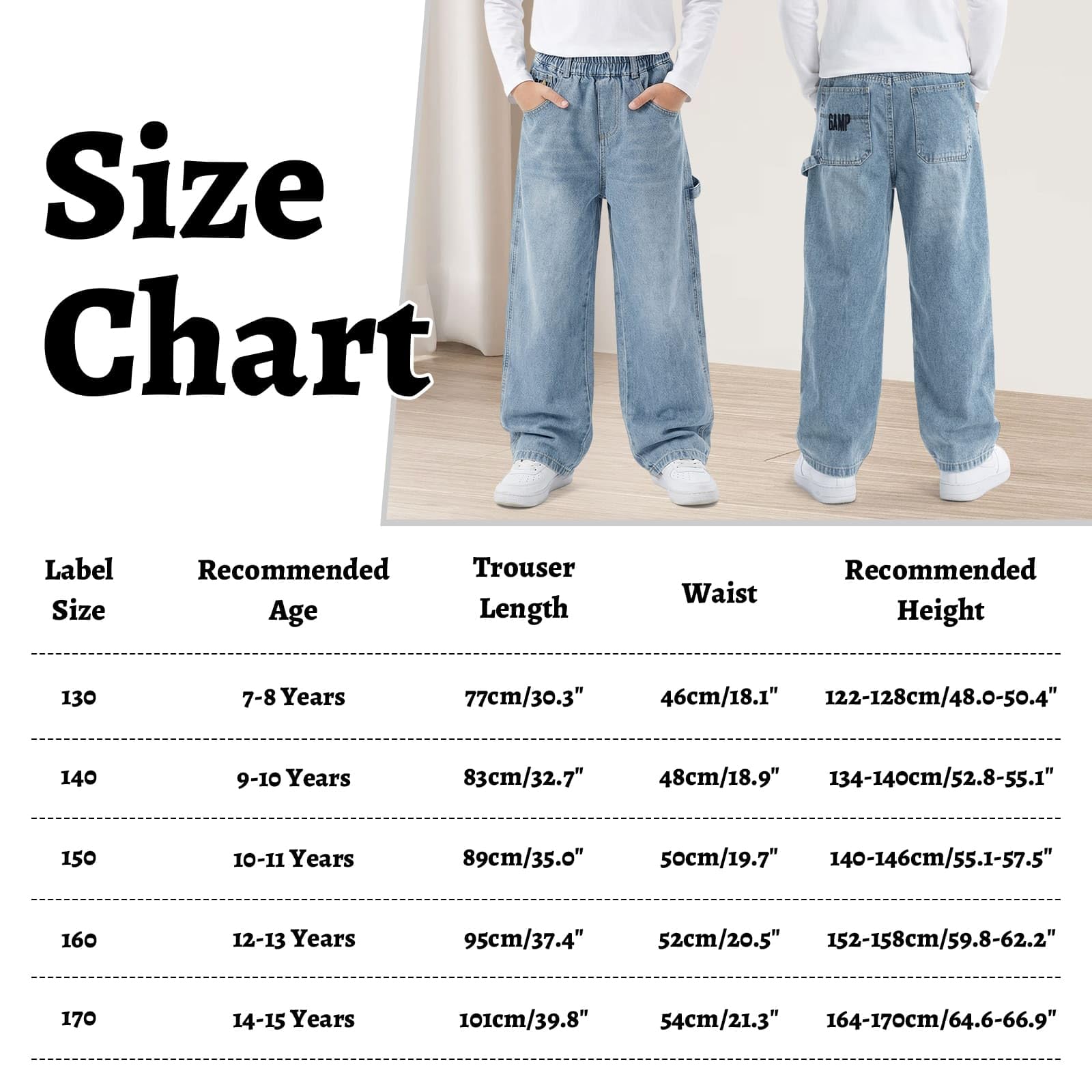 Jean Baggy Garçon Enfants Pantalon en Denim avec Taille Élastique Multiples Poches Loose Fit Décontracté Large Long Jeans Casual Mode Streetwear Ado Pant pour 7-15 Ans