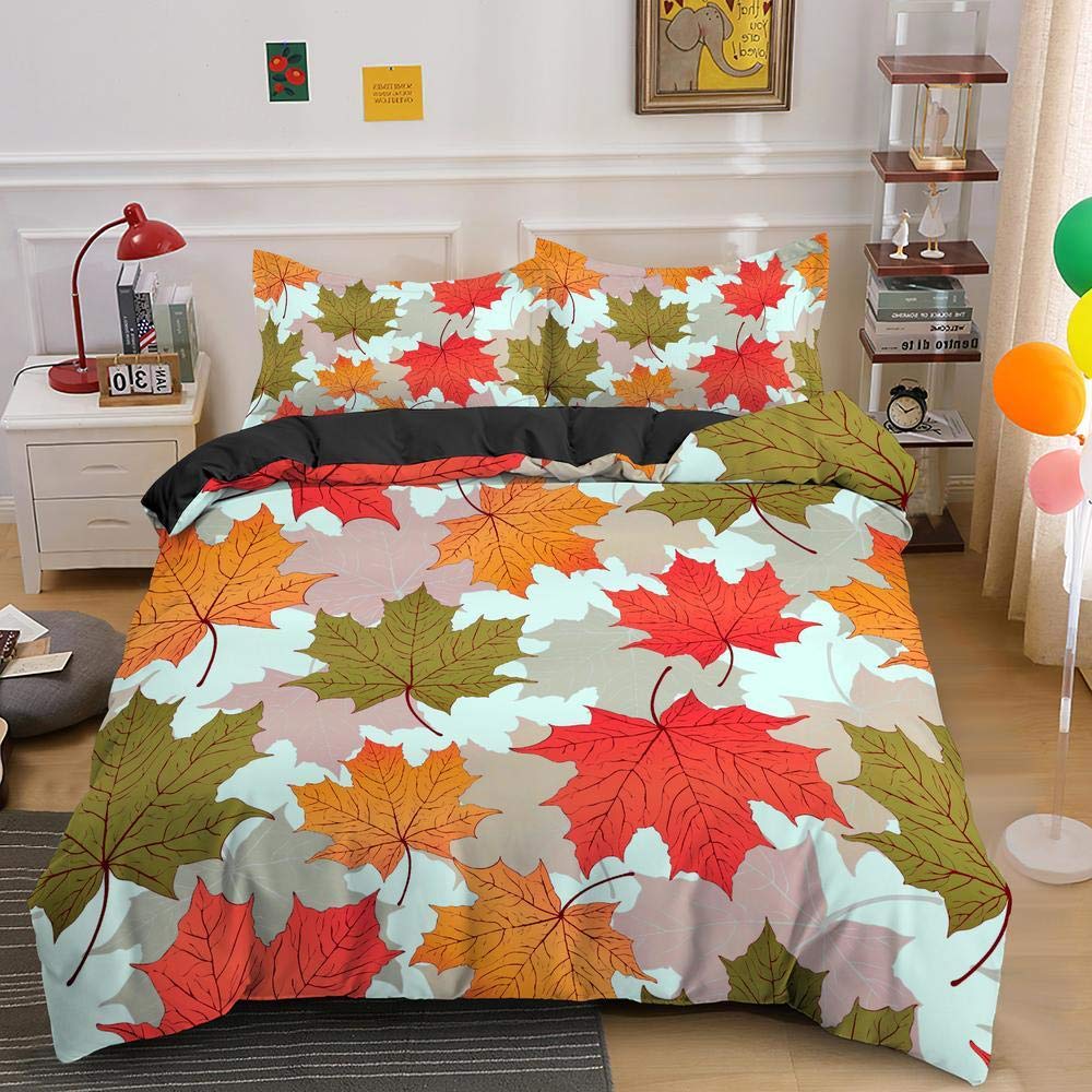 QWFDAQbedding seKing：95 inch x 86.7 inch duvet cover sets, Gray orange maple leaf Duvet Cover Set Double, 3 Piece Print Bedding Set Print Duvet Set.1 Quilt Cover with 2 Pillowcases
