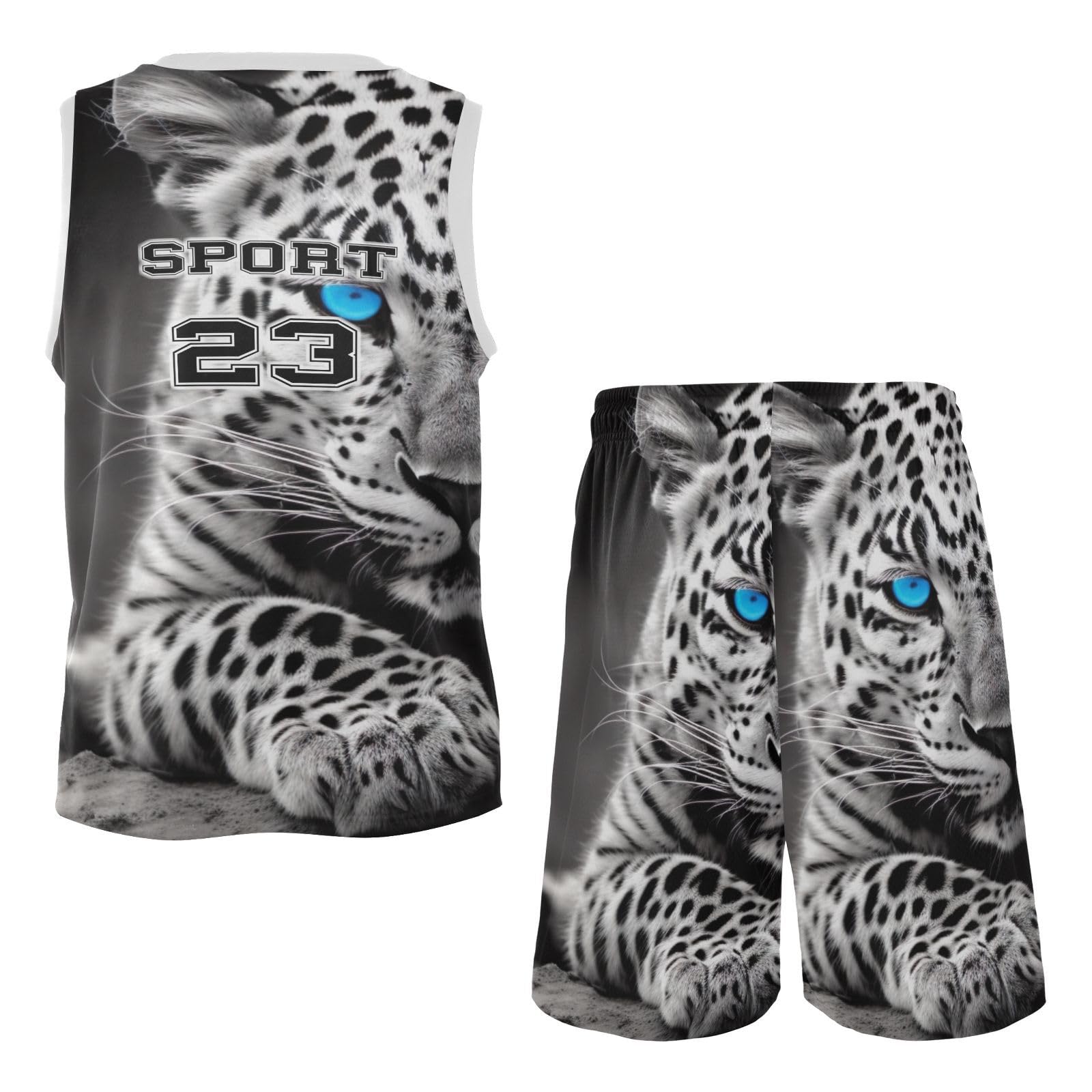 FLildon Leopard Cheetah Blue Eyes Boys Basketball Jersey Set Tank Top Shorts Tracksuit Sport Training Suit for Kids, L