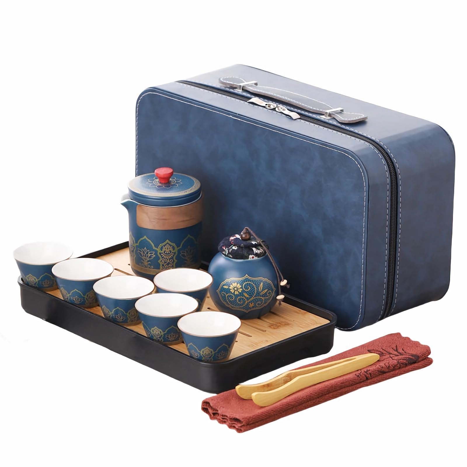 Servizio da tè in porcellana, set da tè cinese da viaggio con 6 tazze in ceramica, piccola teiera con filtro integrato per tè sfuso, elegante blu