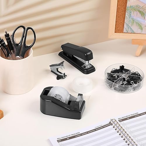 Miniatura 6 de SKYDUE Juego de suministros de oficina negros, accesorios de escritorio negros, grapadora, dispensador de cinta, tijeras, carpeta/clips de papel y