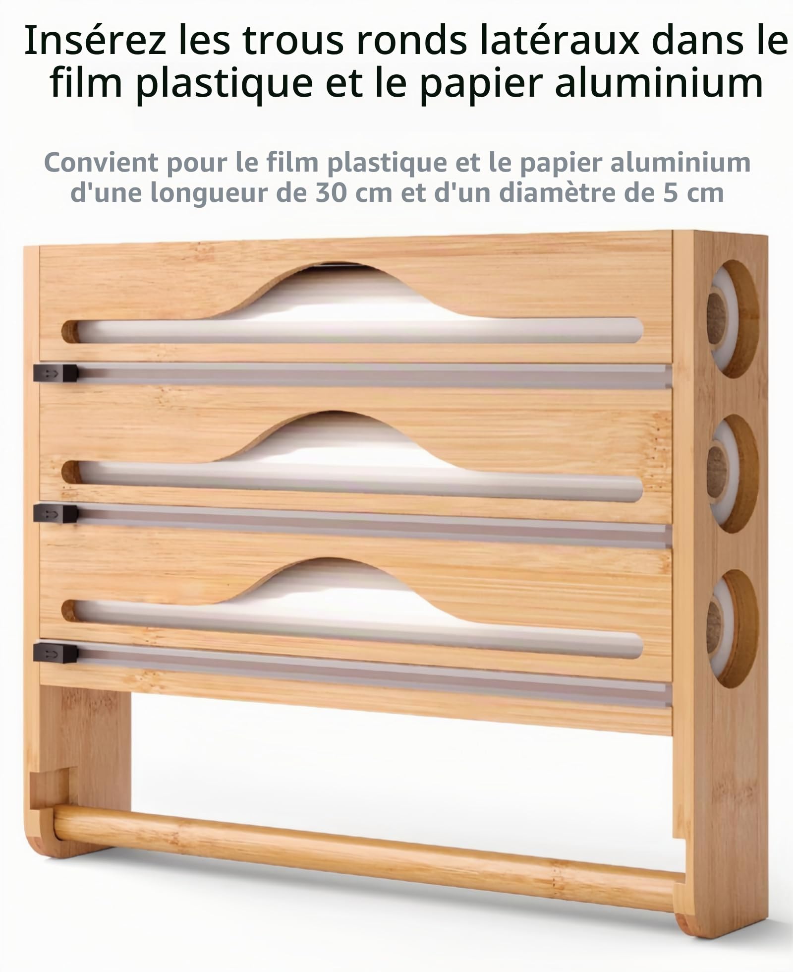 Distributeur de film étirable et coupe-papier avec porte-rouleau de cuisine, distributeur d'aluminium avec support de papier, distributeur mural en bambou et distributeur de film étirable, compatible