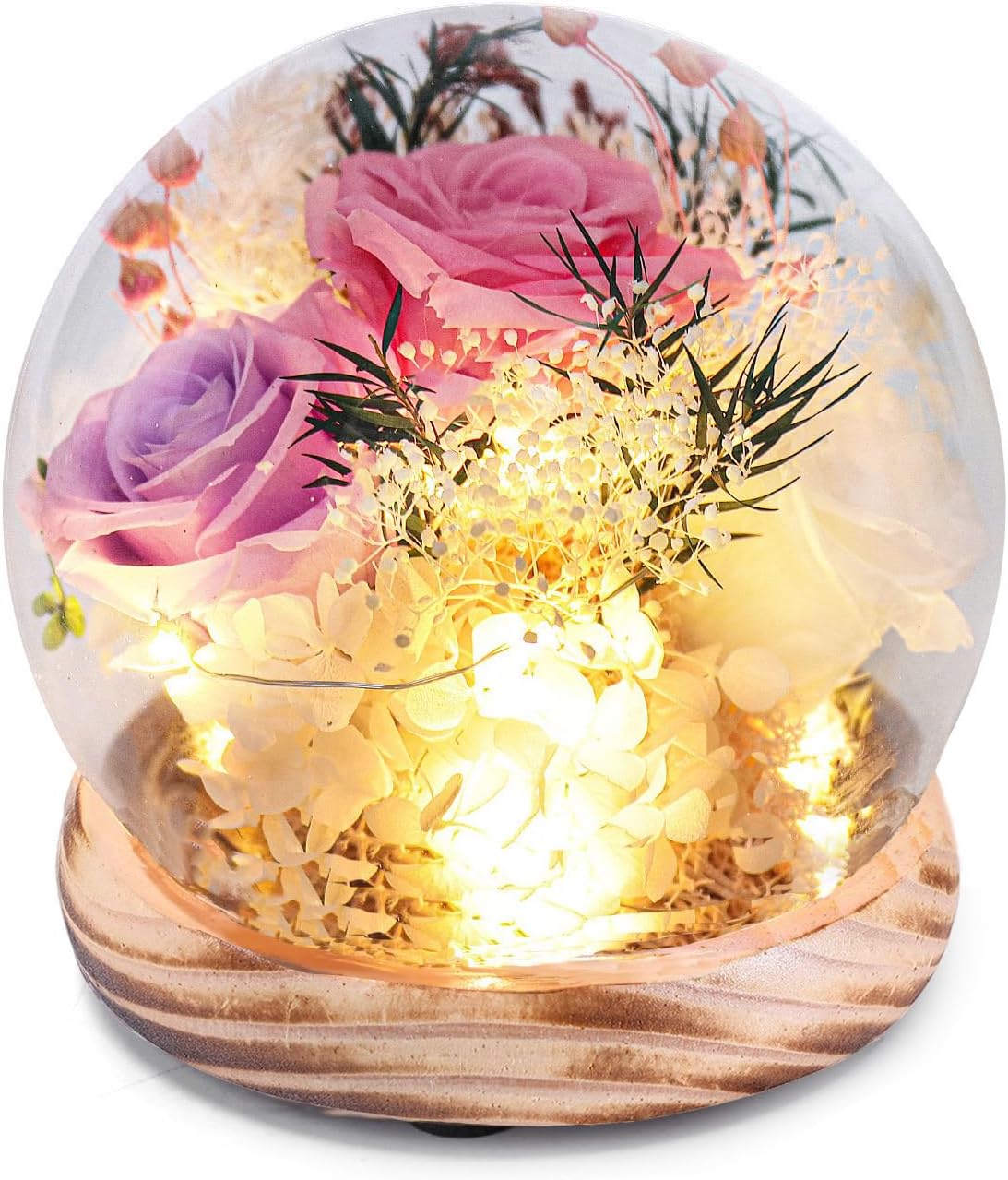 Gifts for Women Preserved Real Flowers,Preserved Roses with Hydrangea and LED Lights,Valentine Day Mothers Day Christmas Birthday Gifts for Women Mom Friend(Pink Rose)