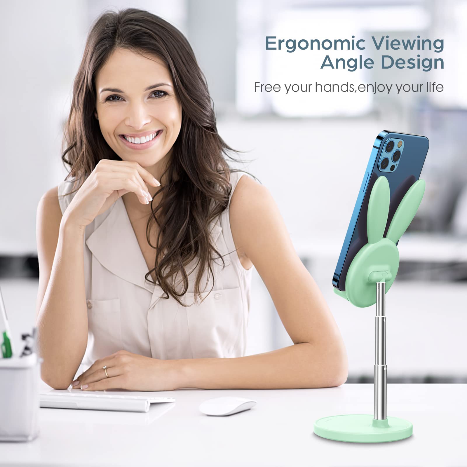 nediea Cell Phone Stand,Angle Height Adjustable Bunny Phone Stand for Desk,Cute Rabbit Phone Holder Stand for Desk, Compatible with All Mobile Phones, Tablets(4-10in) (): Green