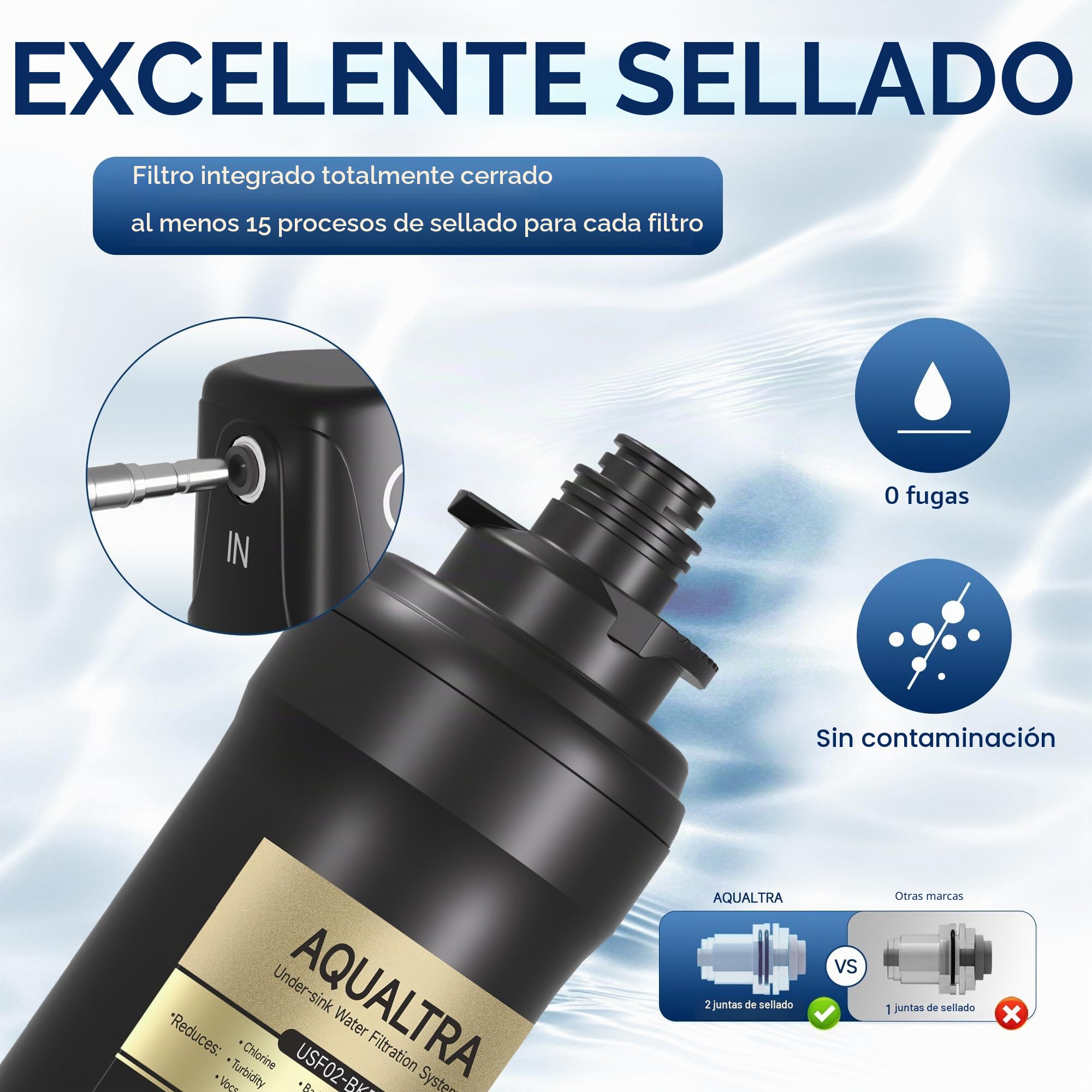 AQUALTRA USF01-BKF Sistema bajo fregadero con grifo, 45400L, certificado NSF/ANSI/CAN 372, reduce PFOA, PFOS, cloro, plomo, mercurio, cloramina, fluoruro, microplásticos, mal sabor & olor